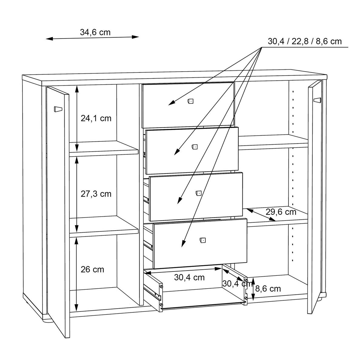 Komoda Tempra 2, Bela - bela/barve aluminija, Design, leseni material (108,8/85,5/34,8cm)