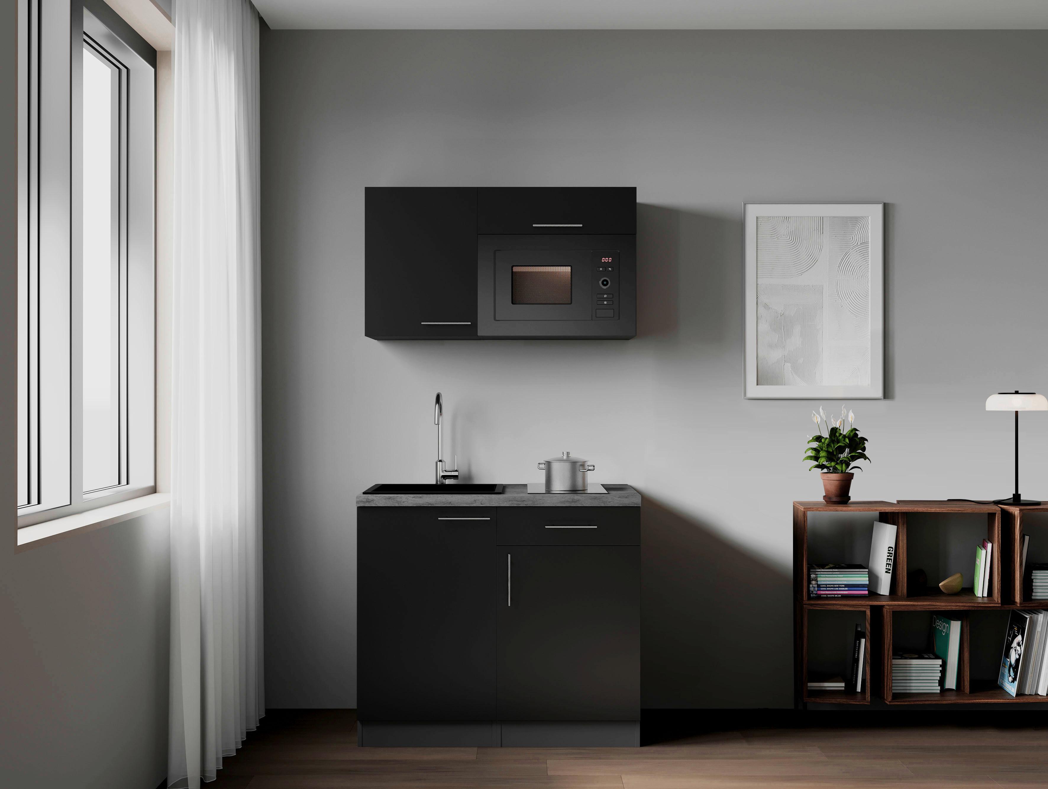 Miniküche Oliver m. Geräten ca. 100cm Schwarz - Schwarz/Grau, Trend, Holzwerkstoff/Metall (100cm) - Respekta