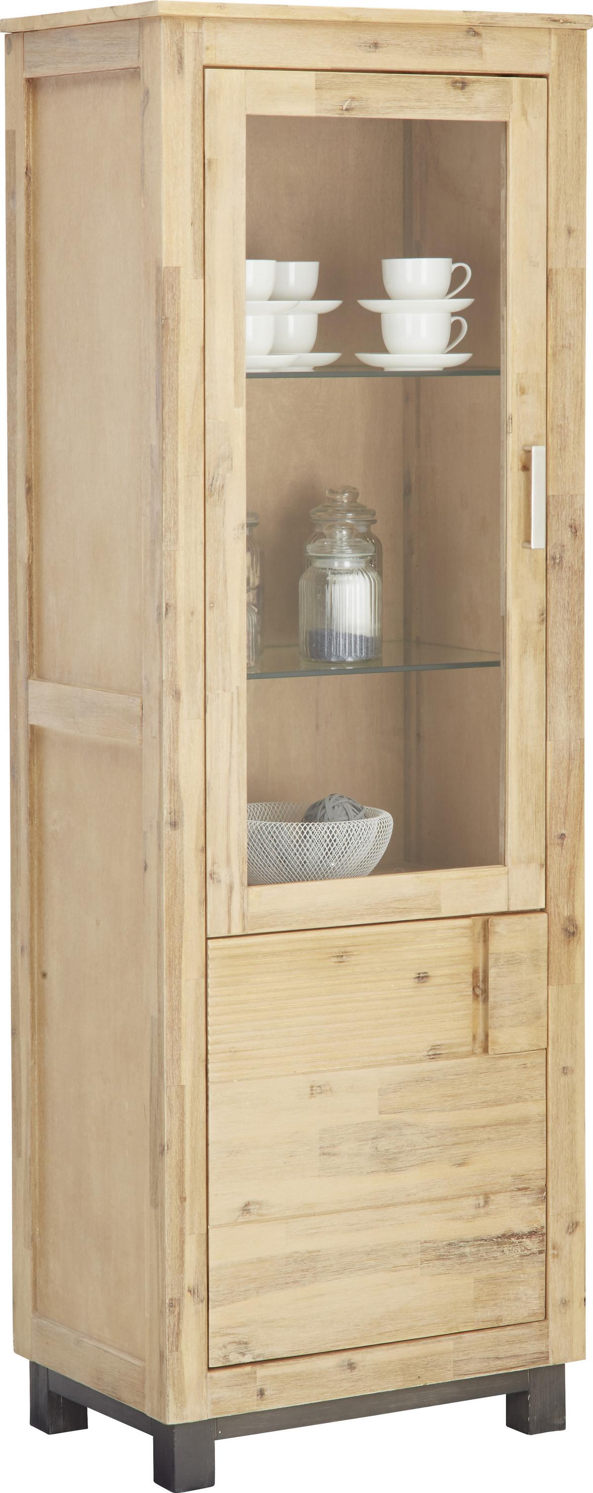 Vitrine aus Akazie teilmassiv - Silberfarben/Akaziefarben, Konventionell, Glas/Holz (65/190/45cm) - Zandiara