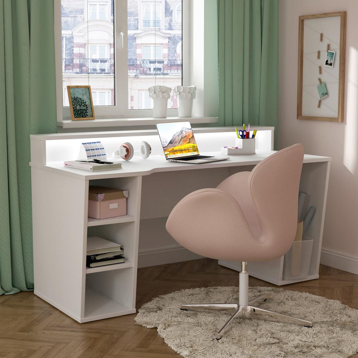 Gaming Miza Tezaur, Bela - bela, Moderno, kovina/umetna masa (160/72/91cm) - MID.YOU