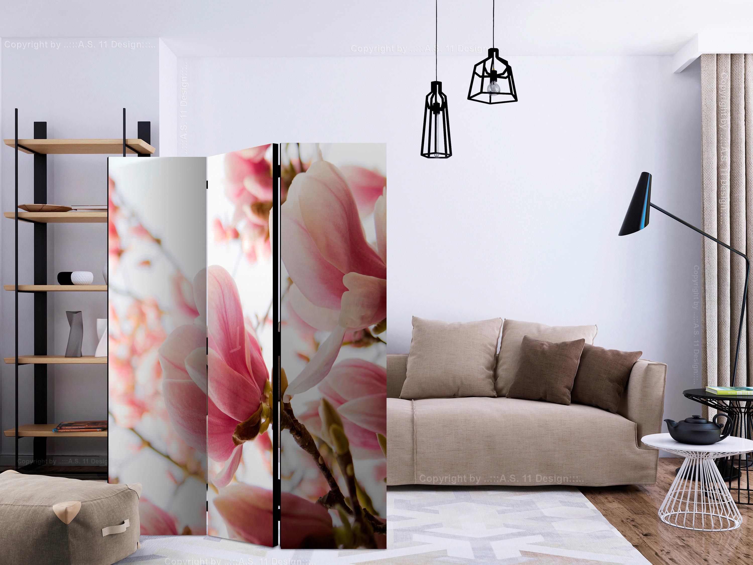 Paravan Pink Magnolia, 3-Delni, Dvostranski - pink/bela, Basics, tekstil/les (135/172/3cm) - artgeist