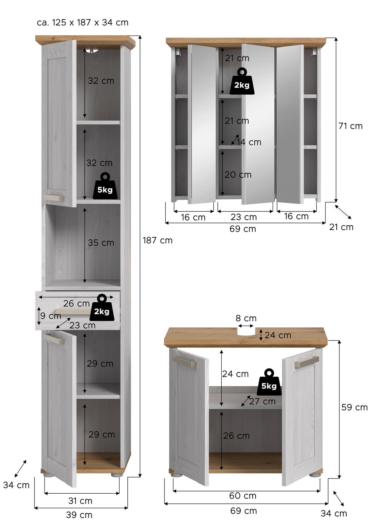 Badezimmer Verona Lärchenfarben/Eiche Artisan - Silberfarben/Lärchefarben, Trend, Glas/Holzwerkstoff (108cm) - MID.YOU