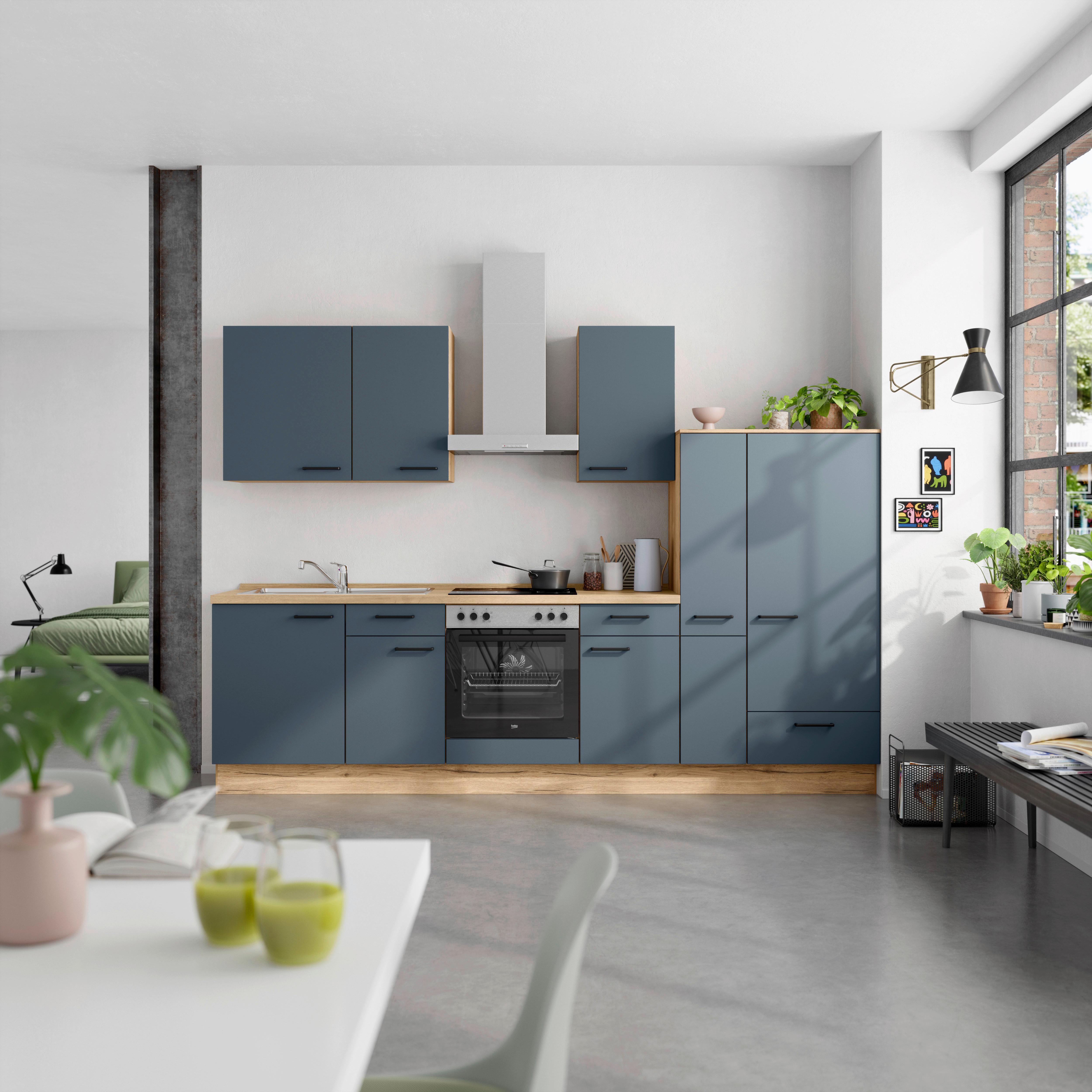 Küchenblock Easytouch Low m. Geräten Blau - Blau/Eichefarben, MODERN, Holzwerkstoff/Metall (300cm) - Nobilia