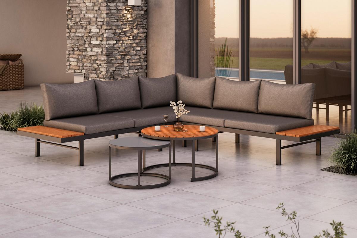 Lounge Garnitura Zürich, Akacija, Kovina, 4-Delno - siva/naravne barve, Moderno, kovina/steklo (261/261cm) - Beldano