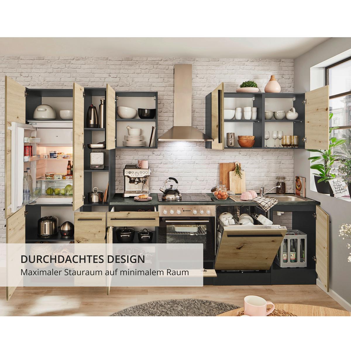 Küchenblock Jazz mit Geräten ca.310cm Eiche/Anthrazit - Anthrazit/Schwarz, LIFESTYLE, Holzwerkstoff/Kunststoff (310cm) - P & B