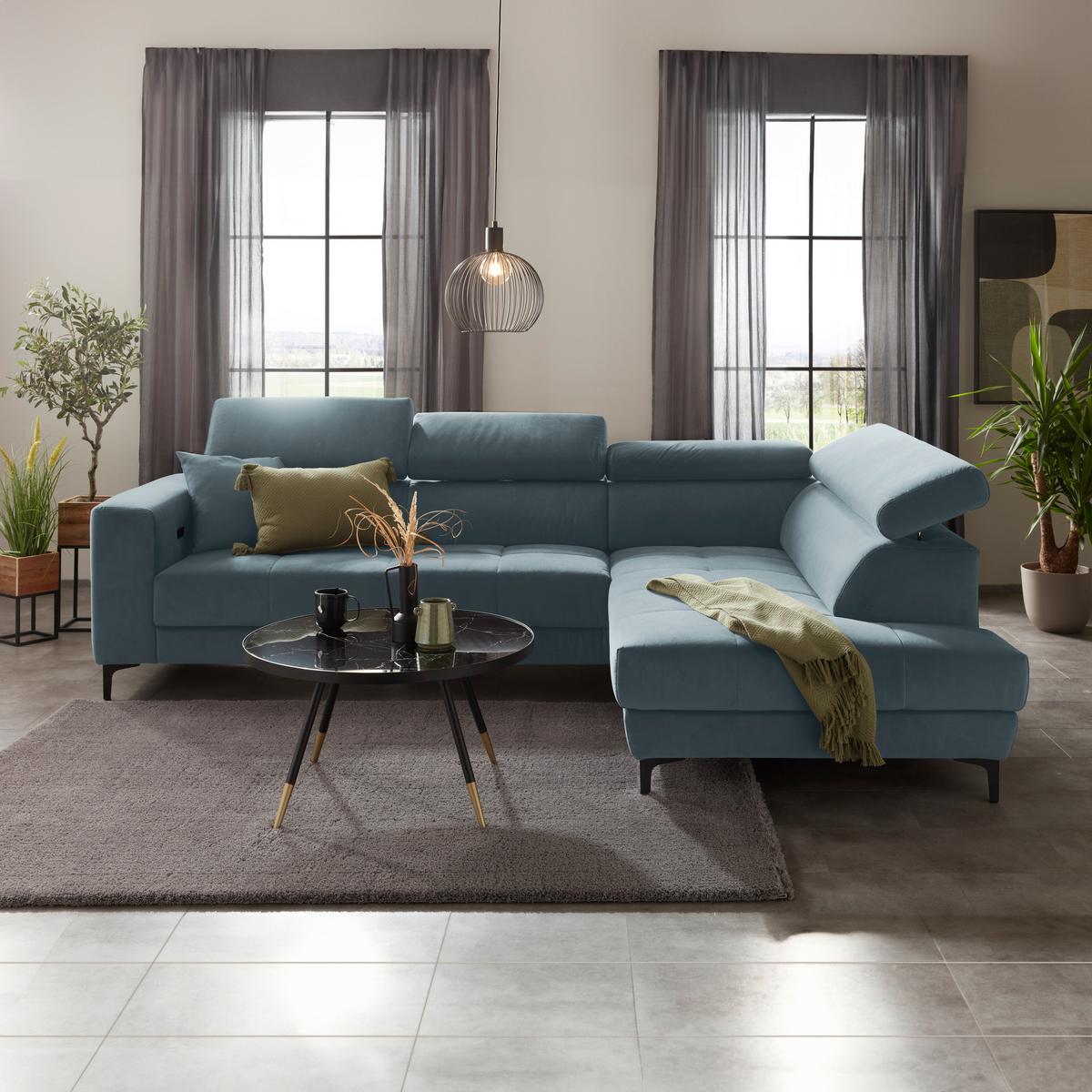 Ecksofa Emma rechts Hellblau - Schwarz/Hellblau, MODERN, Textil (301/210cm) - Premium Living