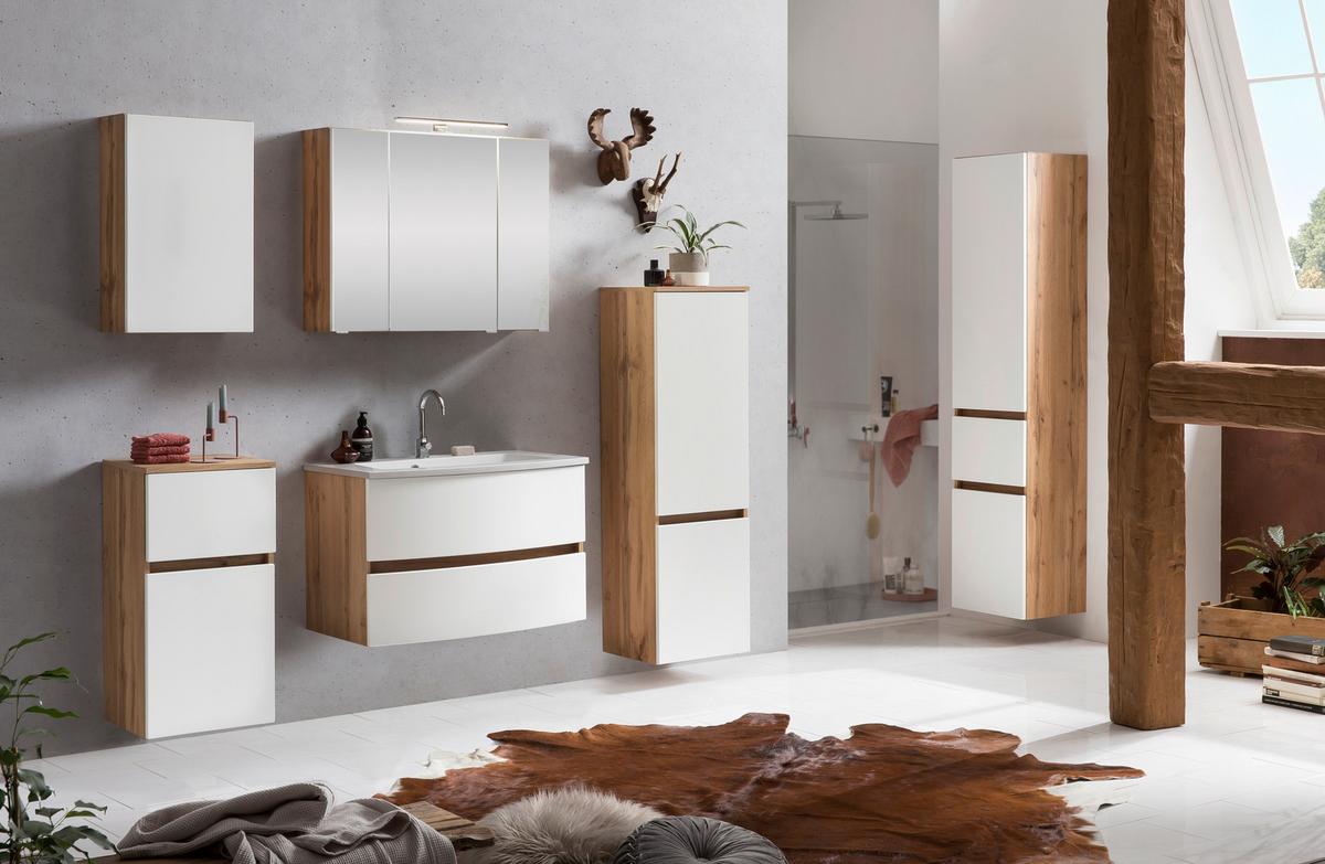 Spiegelschrank Kopenhagen mit LED 3-türig ca. 80x64 cm Eiche - Chromfarben/Eichefarben, KONVENTIONELL, Glas/Holzwerkstoff (80/64/20cm) - Held