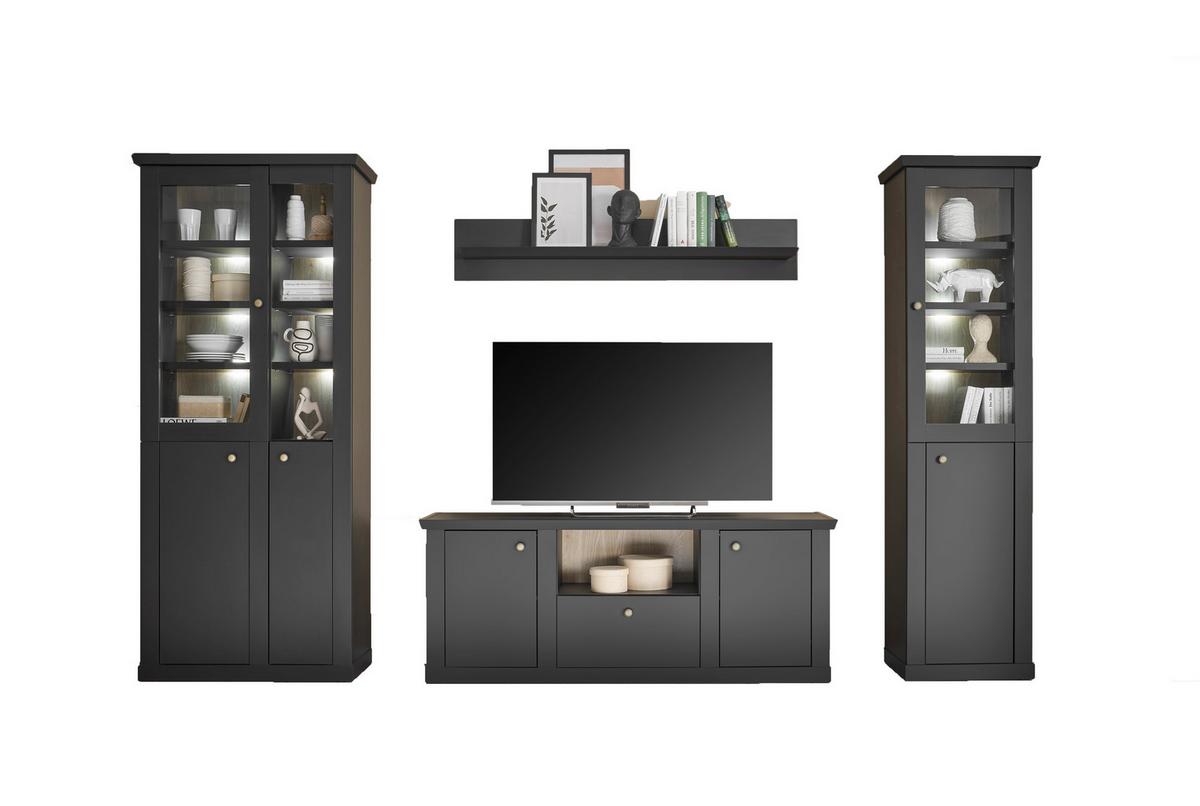 Wohnwand Lincoln Schwarz/Eichefarben B: 319cm - Eichefarben/Messingfarben, Design, Holzwerkstoff/Metall (319/200/42cm) - MID.YOU