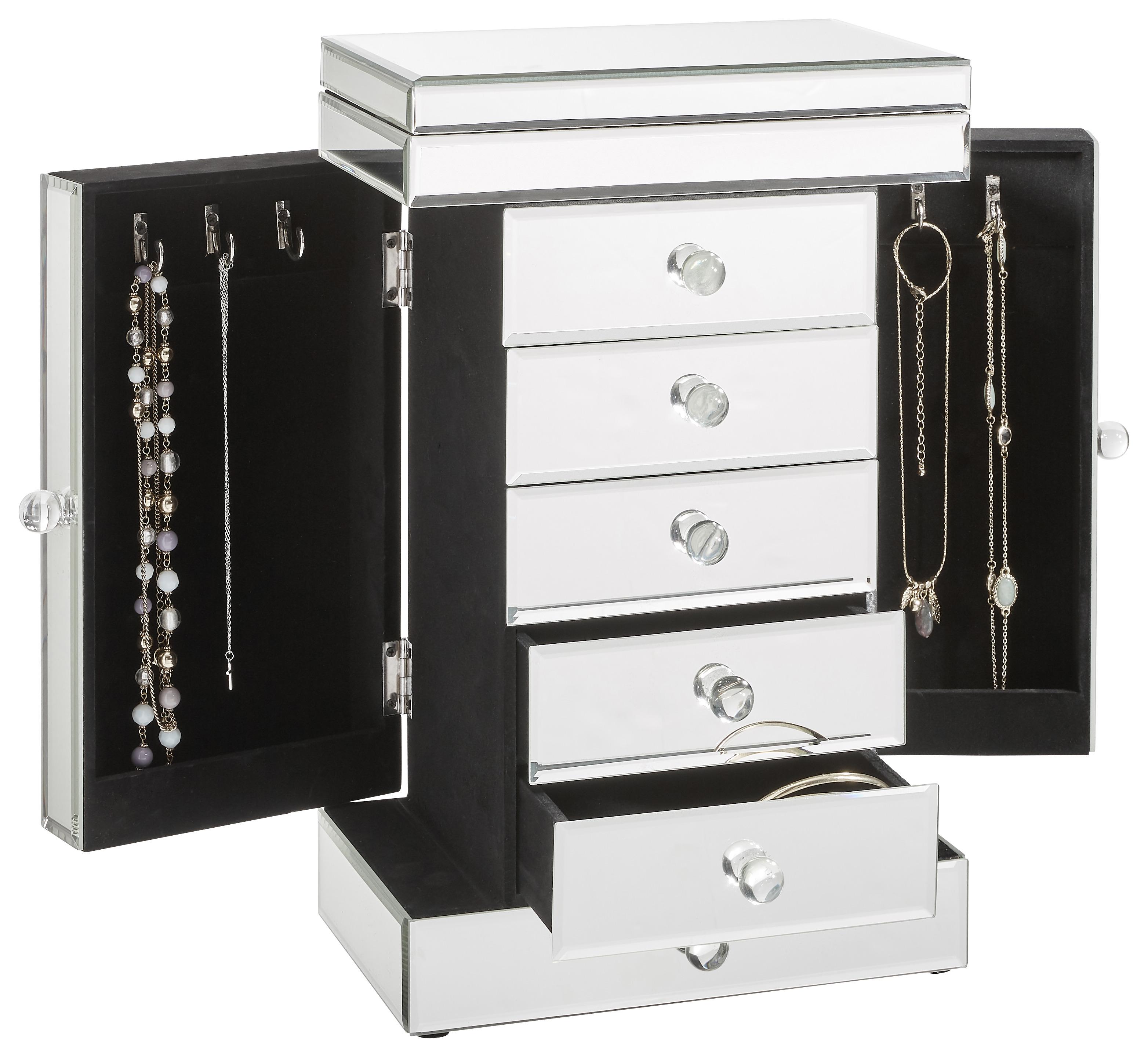 SZAFKA NA BIŻUTERIĘ PAMELA - kolor srebrny, Design, materiał drewnopochodny/szkło (26/41/18cm) - Xora