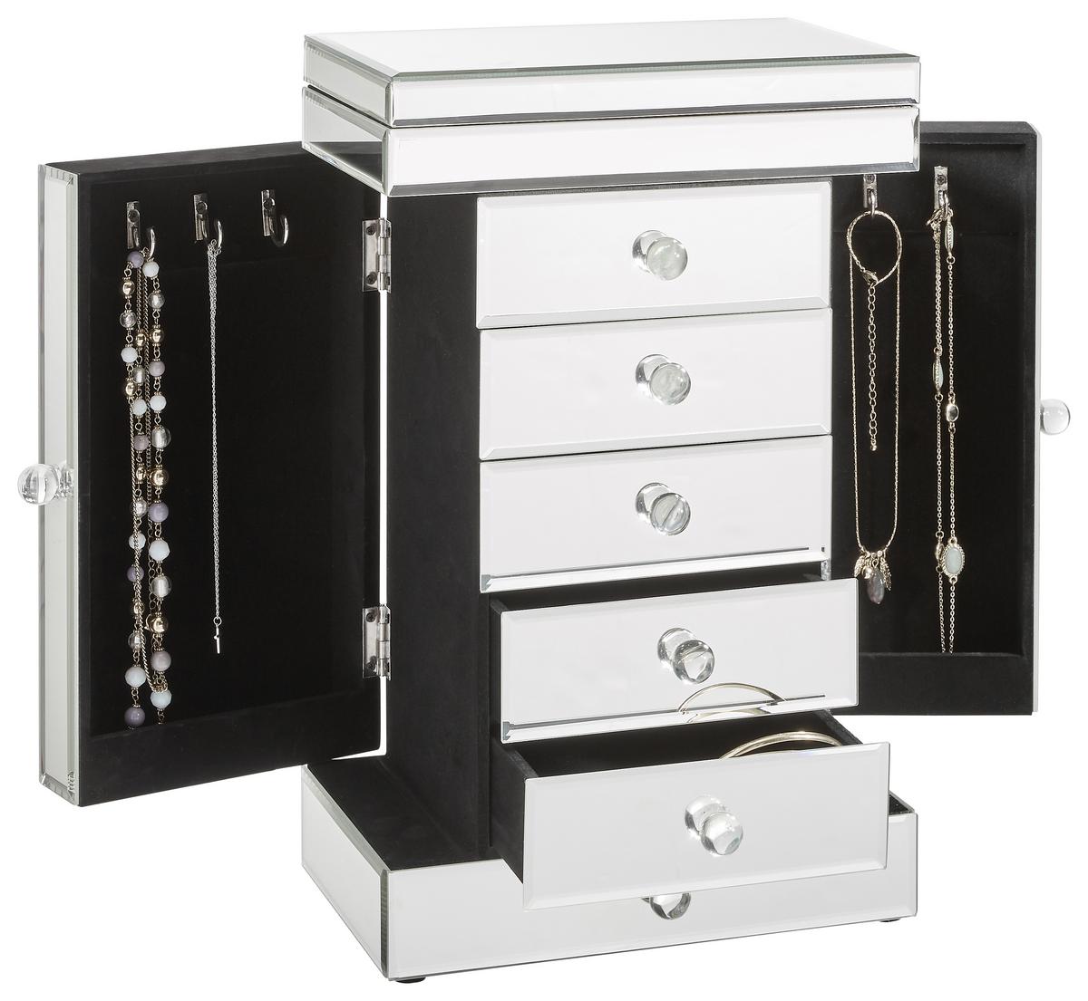 SZAFKA NA BIŻUTERIĘ PAMELA - kolor srebrny, Design, materiał drewnopochodny/szkło (26/41/18cm) - Xora