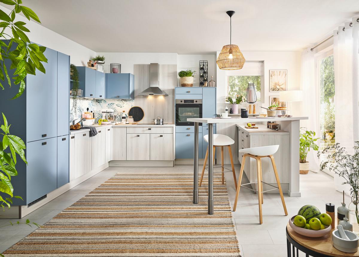 Einbauküche PN100/105 in Tanne Clay/Pastelblau - Pastellblau/Ahornfarben, MODERN, Holzwerkstoff - Pino