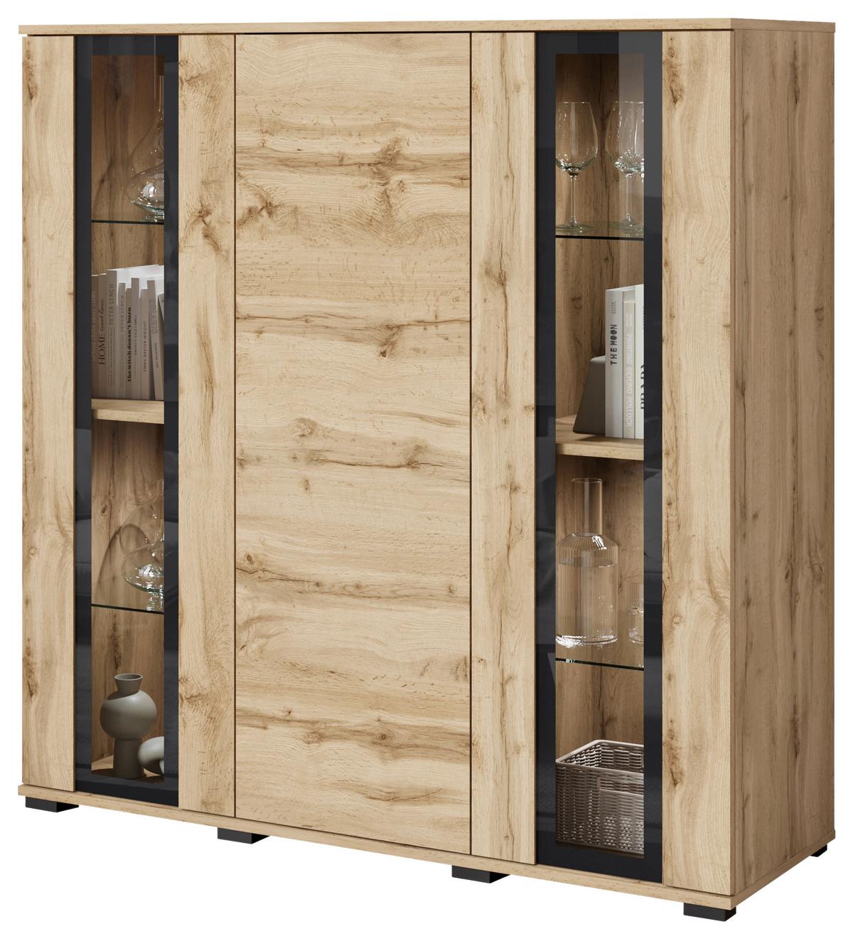 Highboard Caro ca. 120x122 cm Eiche Wotan - Eiche Wotan/Schwarz, Design, Glas/Holzwerkstoff (120/121,9/39,5cm) - P & B