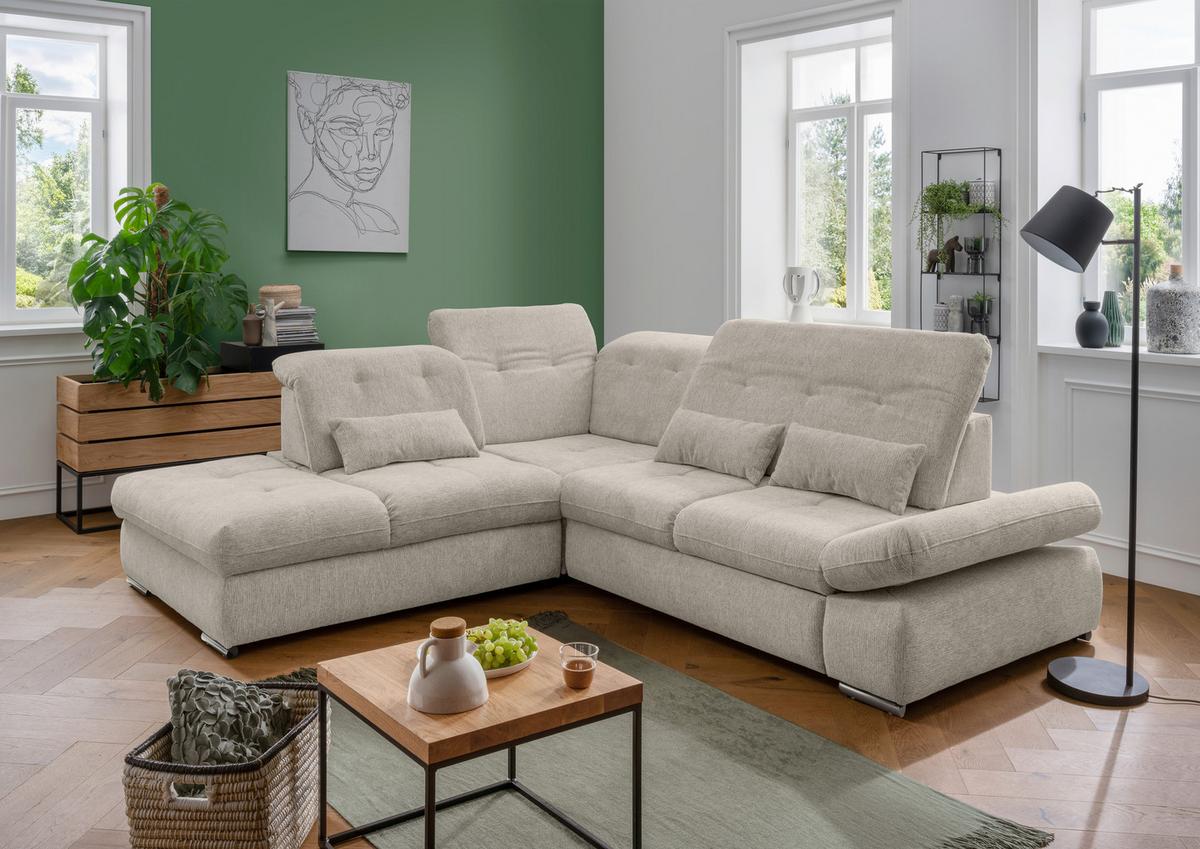 Ecksofa Dalida Beige Chenille m. Bettkasten - Chromfarben/Beige, Design, Textil/Metall (254/280cm) - Livetastic