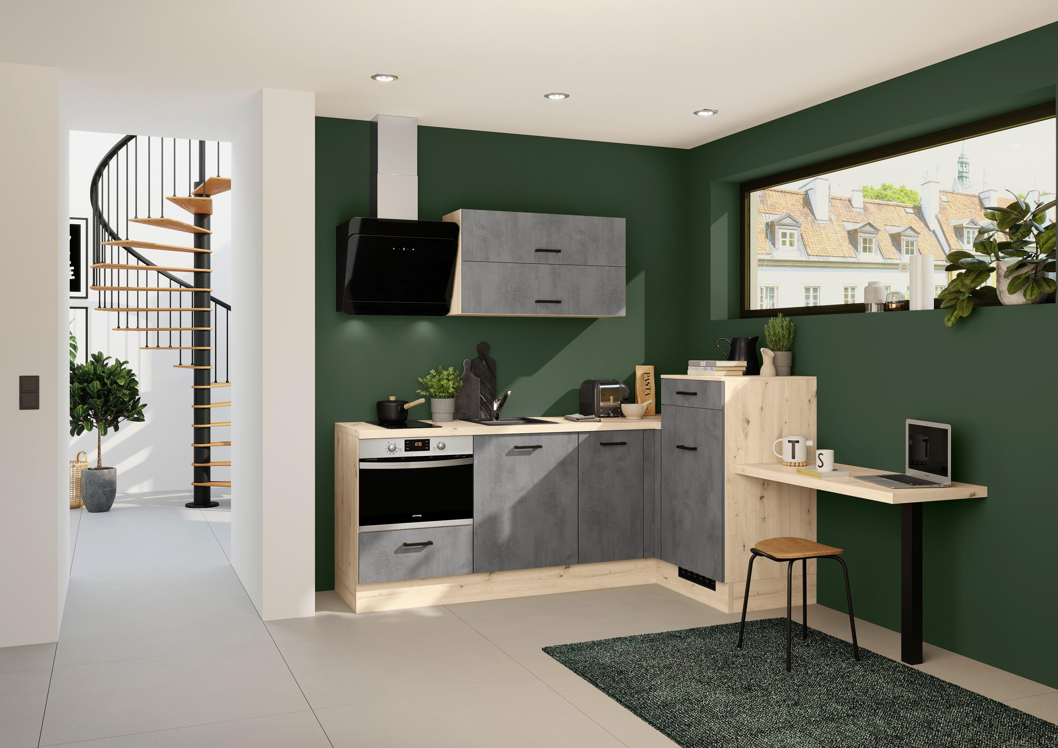 Eckküche IKZ mit Geräten ca. 241x225 cm Grau - Eichefarben/Schwarz, Design, Holzwerkstoff/Metall (225/241cm) - Impuls