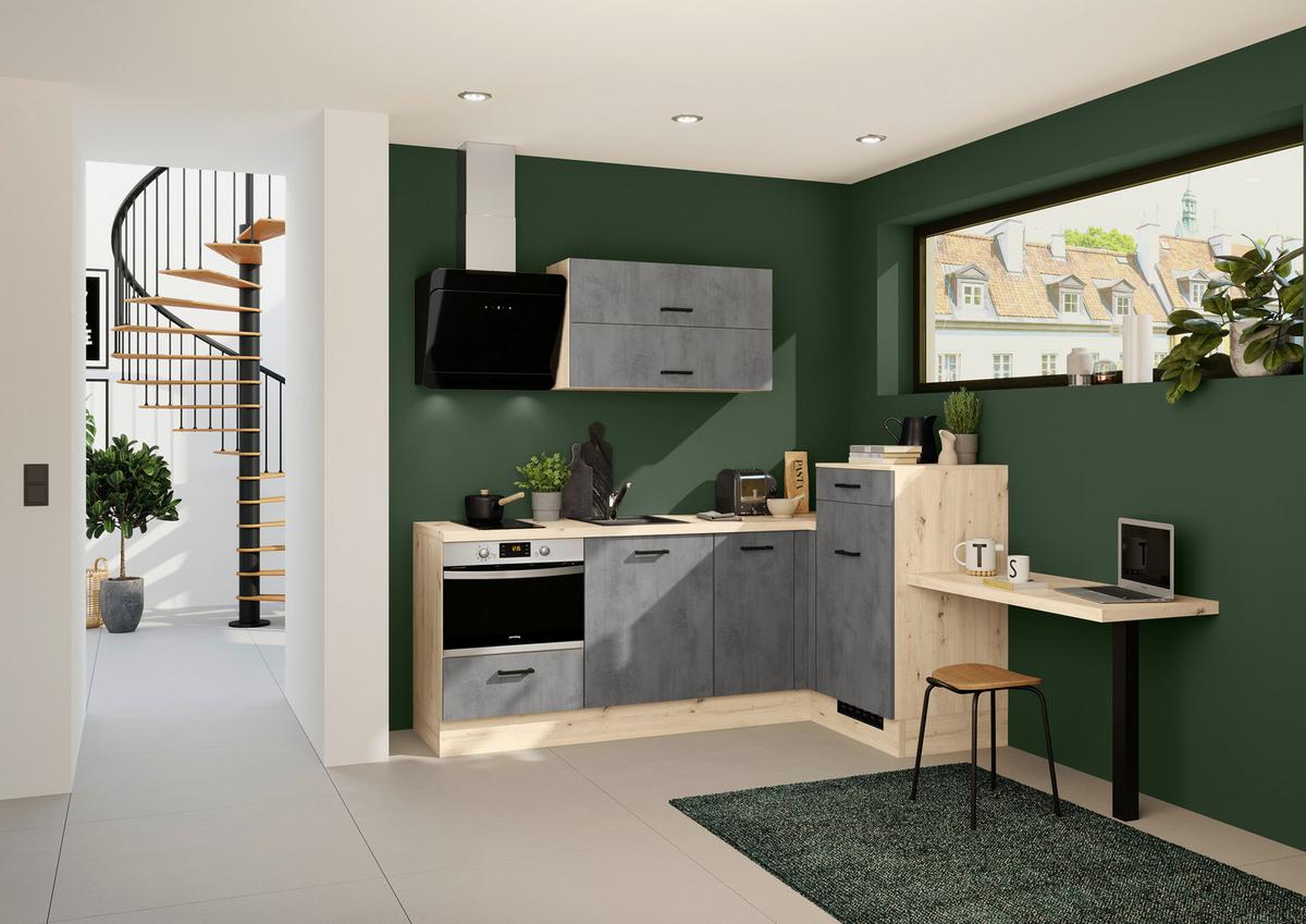 Eckküche IKZ mit Geräten ca. 241x225 cm Grau - Eichefarben/Schwarz, Design, Holzwerkstoff/Metall (225/241cm) - Impuls