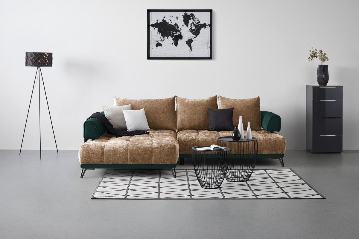 Ecksofa Morgan Dunkelgrün/Cappuccino - Dunkelgrün/Schwarz, MODERN, Textil/Metall (184/67-87/262cm) - Mömax