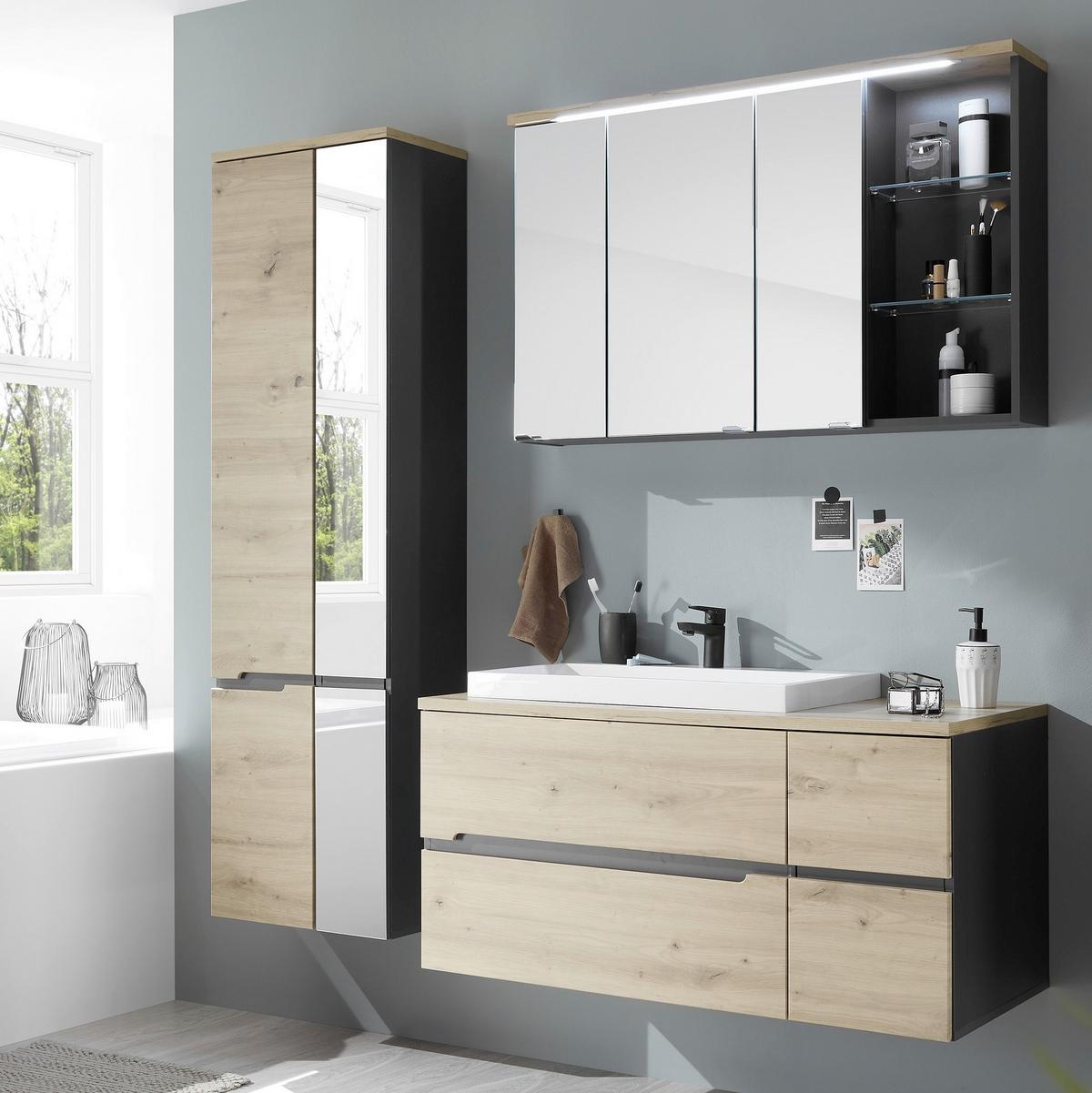 Waschbeckenunterschrank Memphis Grau/Eiche Artisan - Eiche Artisan/Weiß, MODERN, Holzwerkstoff/Stein (110/54/53cm) - Mömax