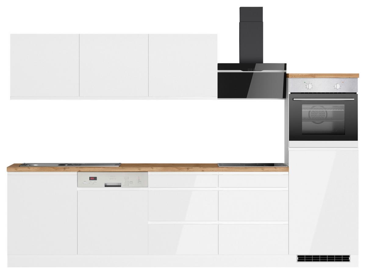 Küchenzeile Monza mit Geräten ca. 300 cm Weiß/Eiche + Spüle - Weiß Hochglanz/Eiche Wotan, LIFESTYLE, Holzwerkstoff (300cm) - Held