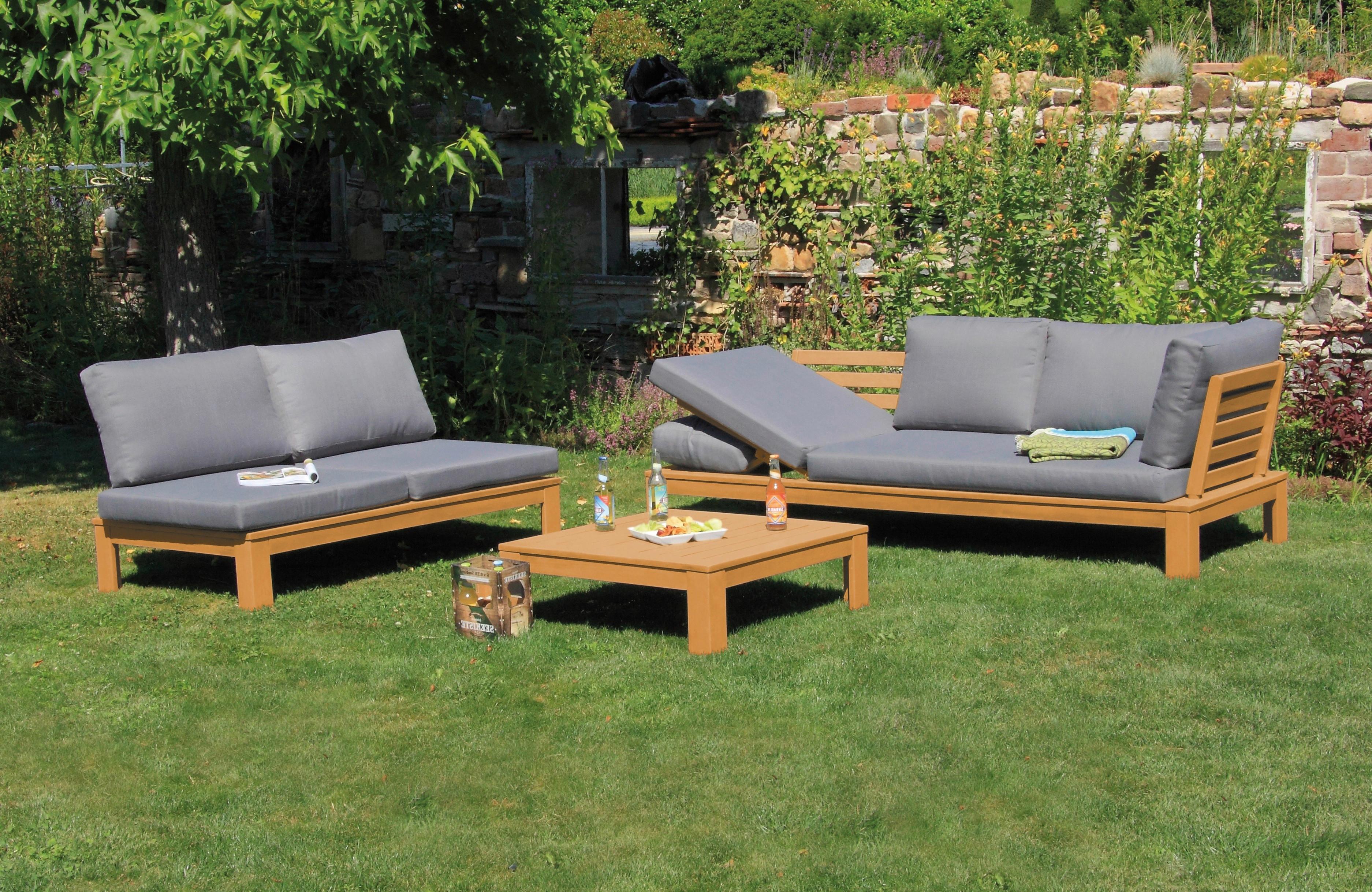 Loungegarnitur "Granada", Akazie massiv mit Kissen - Grau/Akaziefarben, Basics, Holz/Textil (221/65/85cm) - Acamp