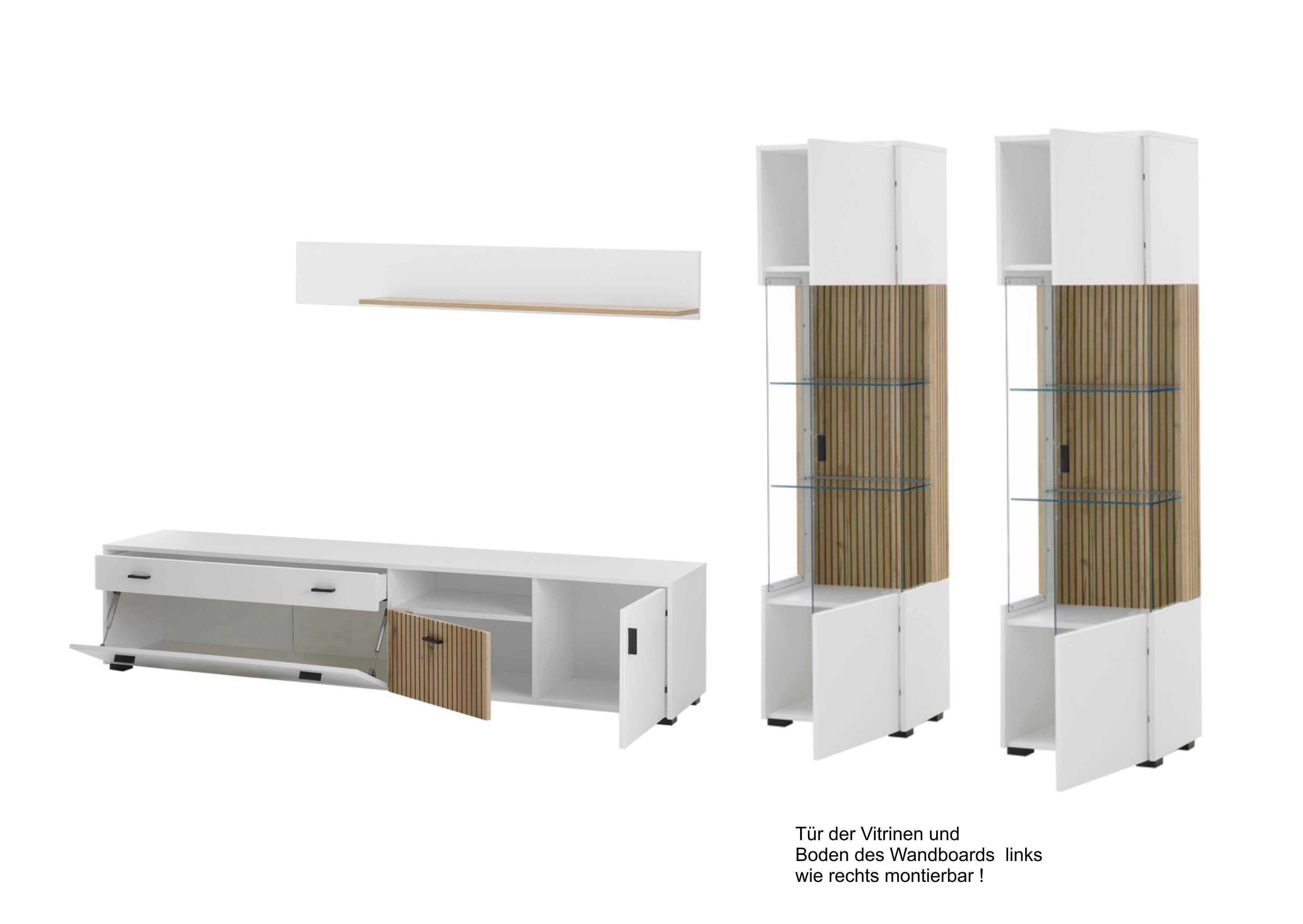 Wohnwand Hudson Weiß/Eichefarben - Eichefarben/Schwarz, Design, Glas/Holzwerkstoff (316/180/42cm) - MID.YOU