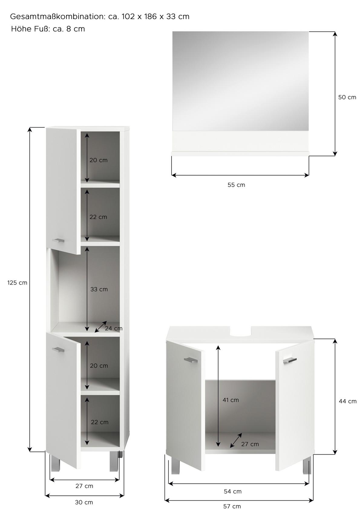 Kopalnica Boston, Bela, 3-Delna - srebrne barve/bela, Moderno, umetna masa/steklo (87cm) - MID.YOU