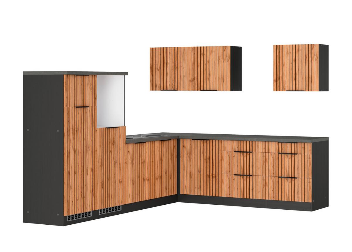 Eckküche Liverpool o. Geräte ca. 300x240cm Eiche - Schieferfarben/Eiche Wotan, Basics, Holzwerkstoff/Metall (300/240cm) - Held