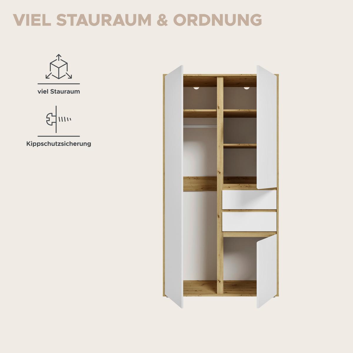 Drehtürenschrank Falun Weiß/Eiche Artisan - Weiß/Eiche Artisan, MODERN, Holzwerkstoff (100/194/56cm) - Livetastic