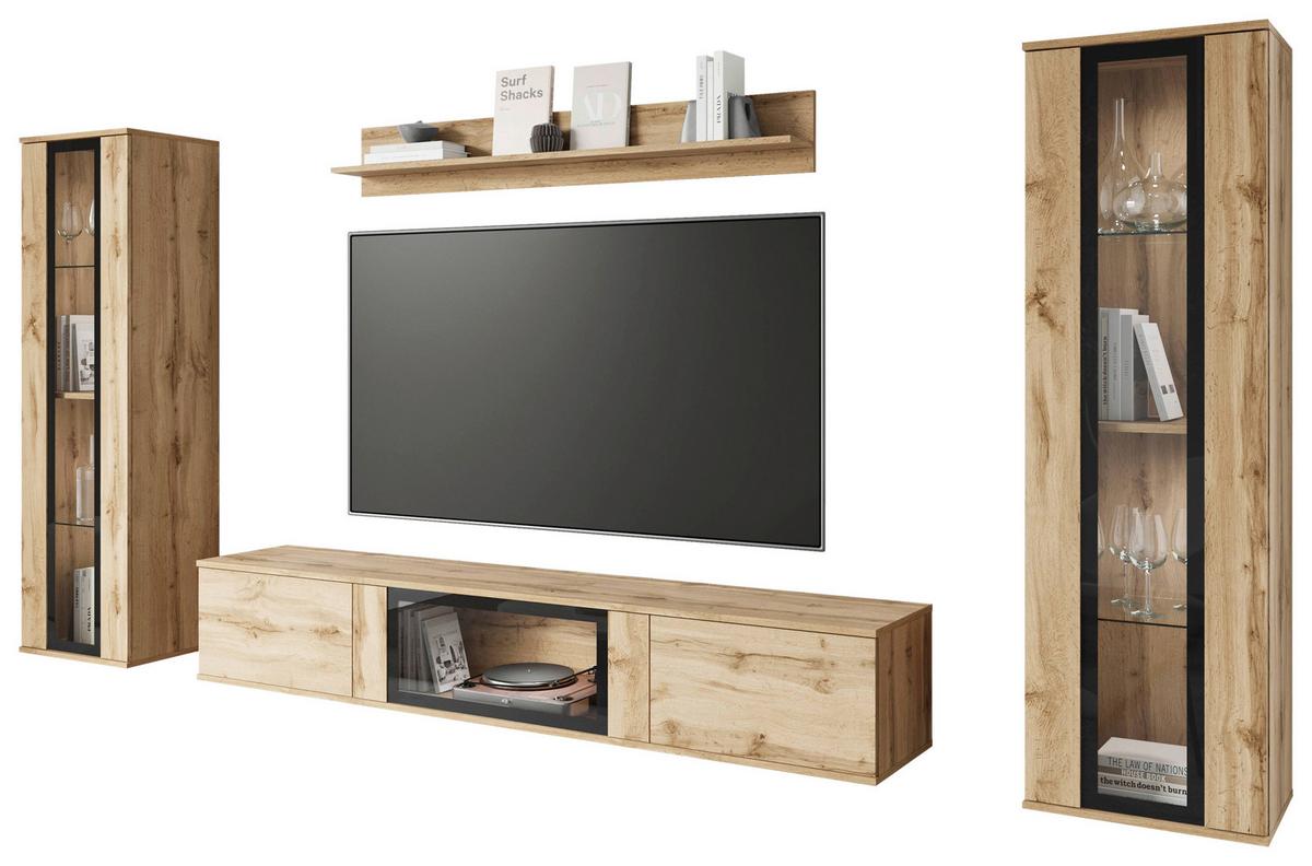 Dnevni Regal Caro, Barva Hrasta, Osvetlitev, 4-Delni - hrast wotan/črna, Trend, umetna masa/steklo (262/141,9/33cm)