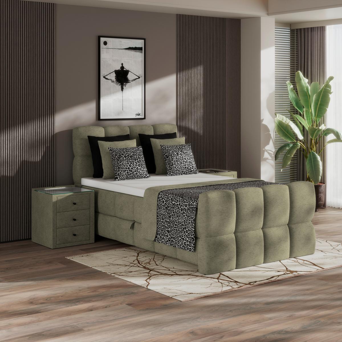 Postelja Boxspring Brisbane, Zelena, 140x220 - črna/zelena, Trend, kovina/umetna masa (140/220cm) - Premium Living