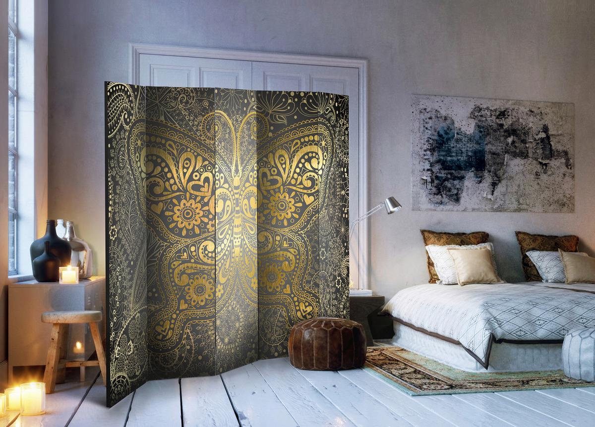 Paravan Golden Butterfly I, 5-Delni, Dvostranski - mocha rjava/barve karija, Basics, tekstil/les (225/172/3cm) - artgeist