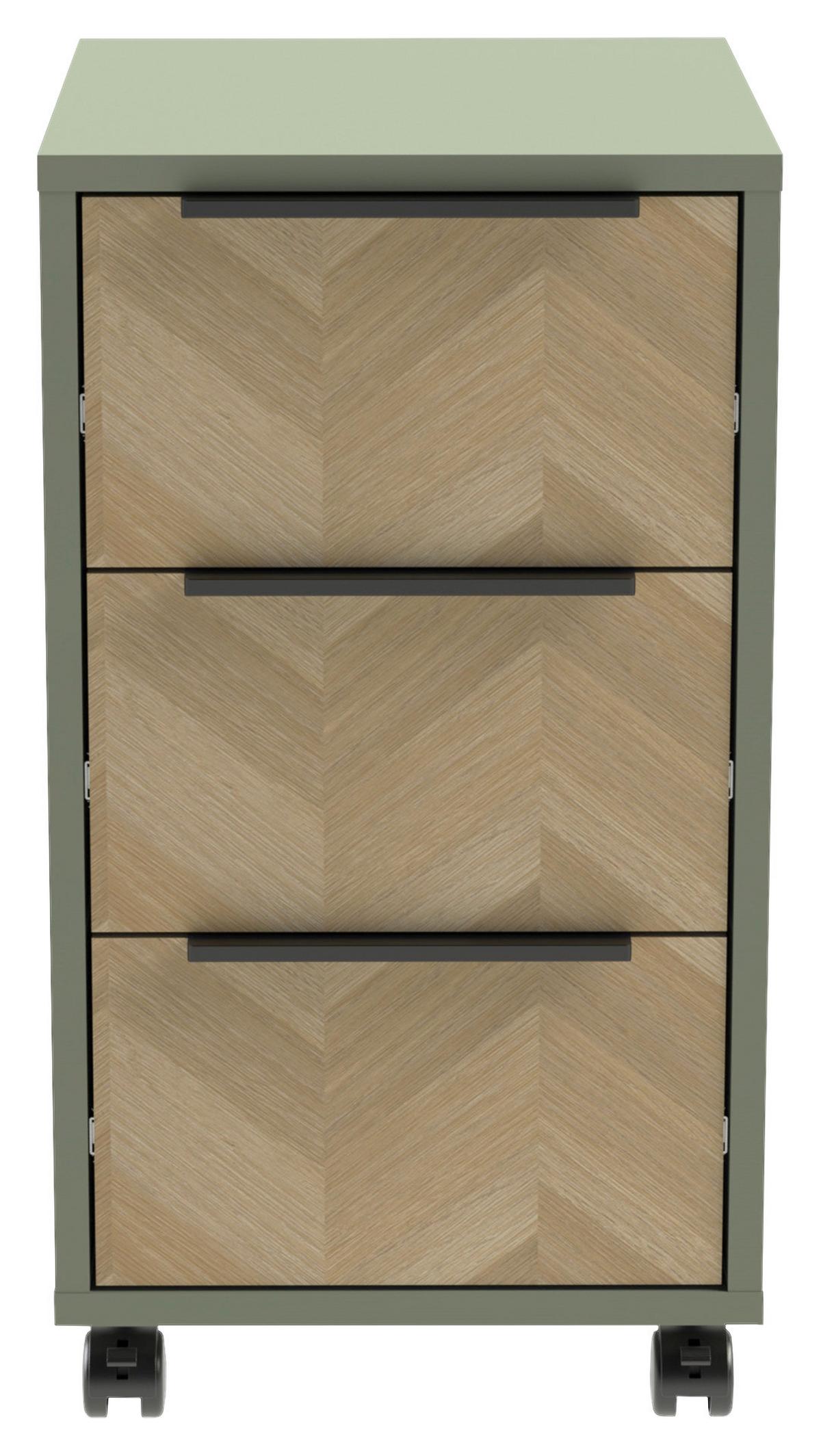 Rollcontainer Piazza Grün/Eichefarben - Eichefarben/Schwarz, MODERN, Holzwerkstoff/Kunststoff (32,60/59,7/39,10cm) - Mömax