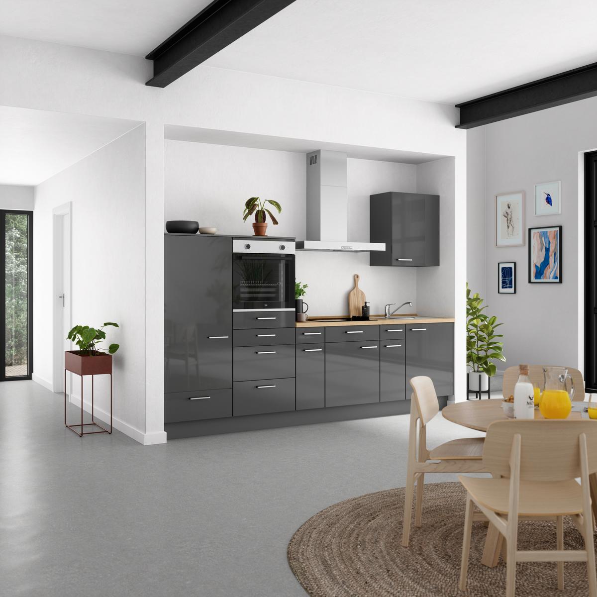 Küchenblock Flash Low m. Geräten Schieferfarben - Schieferfarben/Edelstahlfarben, MODERN, Holzwerkstoff/Metall (300cm) - Nobilia