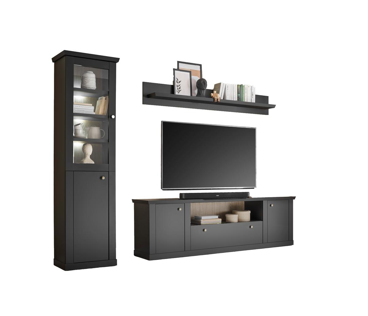 Wohnwand Lincoln Schwarz/Eichefarben B: 270cm - Eichefarben/Messingfarben, Design, Holzwerkstoff/Metall (270/200/42cm) - MID.YOU