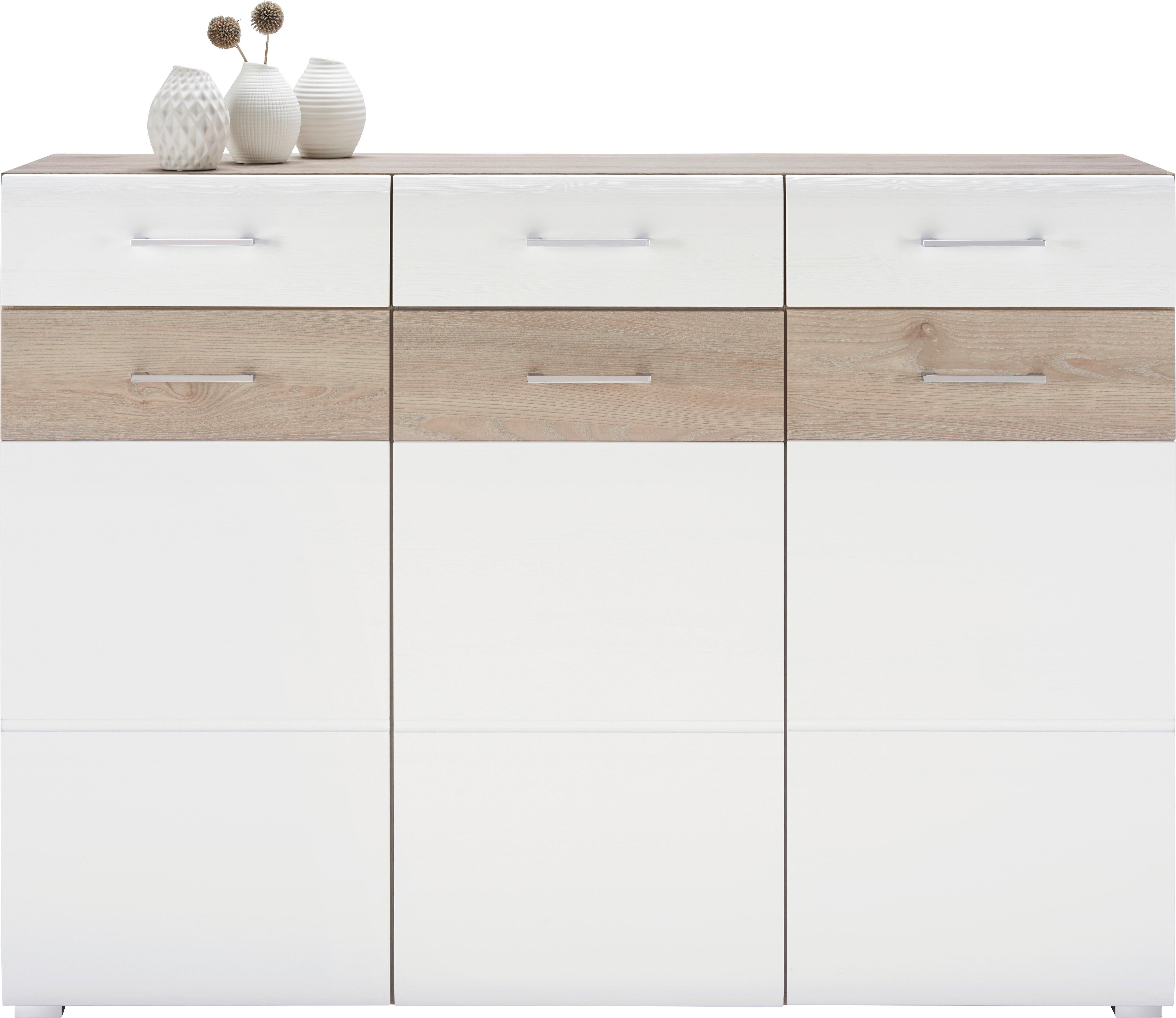 Sideboard in Weiß/Silbereichenfarben - Chromfarben/Silberfarben, MODERN, Holzwerkstoff/Metall (144/104/40cm) - Modern Living