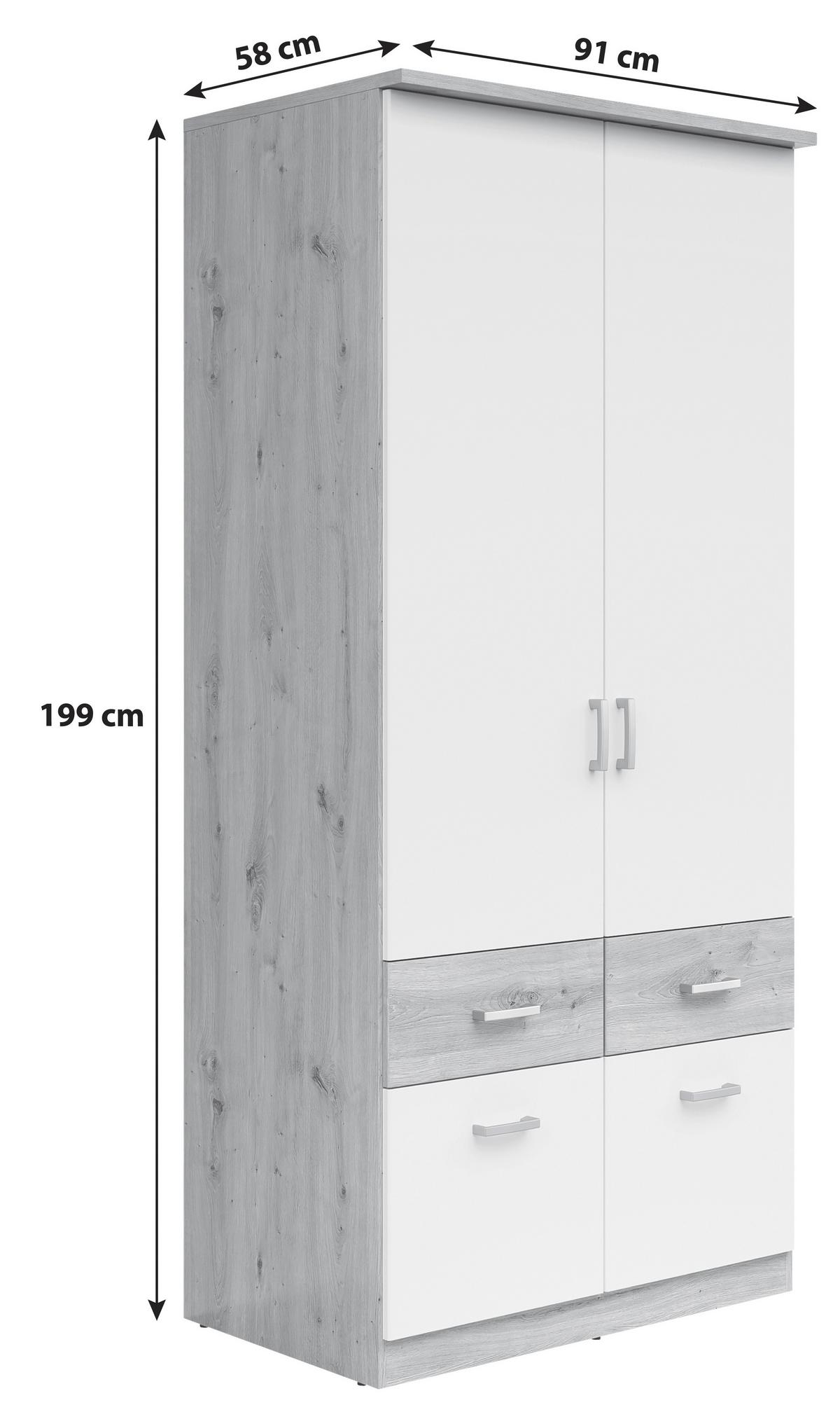 Omara Za Oblačila Brando, Bela, Hrast, Š. 91 Cm - srebrne barve/bela, Konvencionalno, umetna masa/leseni material (91/199/58cm)