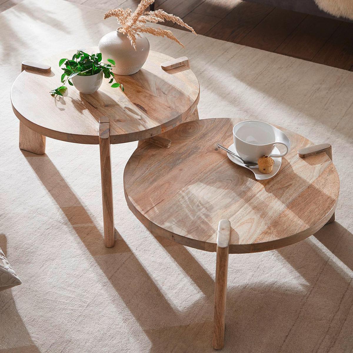 Beistelltisch-Set Wohnling 2-tlg. rund Mangoholz - Hellbraun, MODERN, Holz (53/32/53cm) - MID.YOU