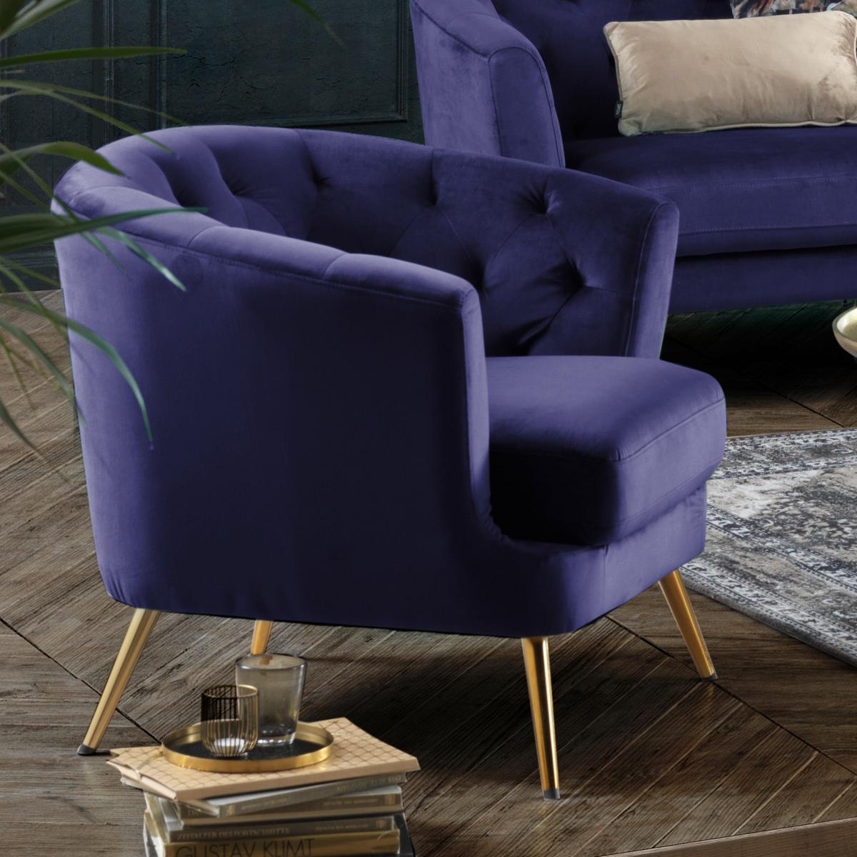 Fotelj Chesterfield Lita, Modra, Žamet - zlate barve/modra, Moderno, kovina/tekstil (89/78/83cm) - Modern Living