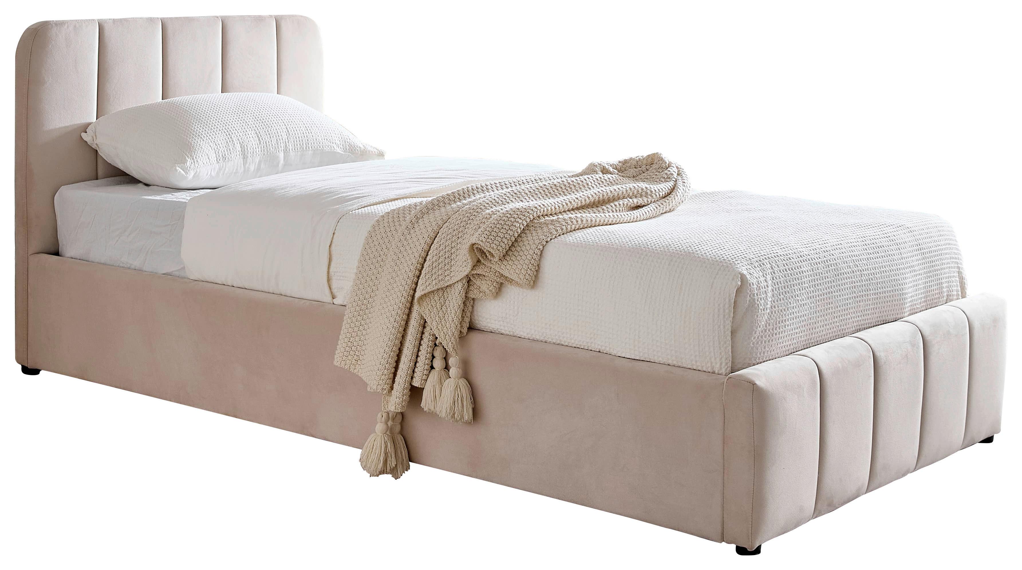 ŁÓŻKO TAPICEROWANE GISELLA - beżowy/kolor naturalny, Design, tworzywo sztuczne/drewno (90/200cm) - Boxxx