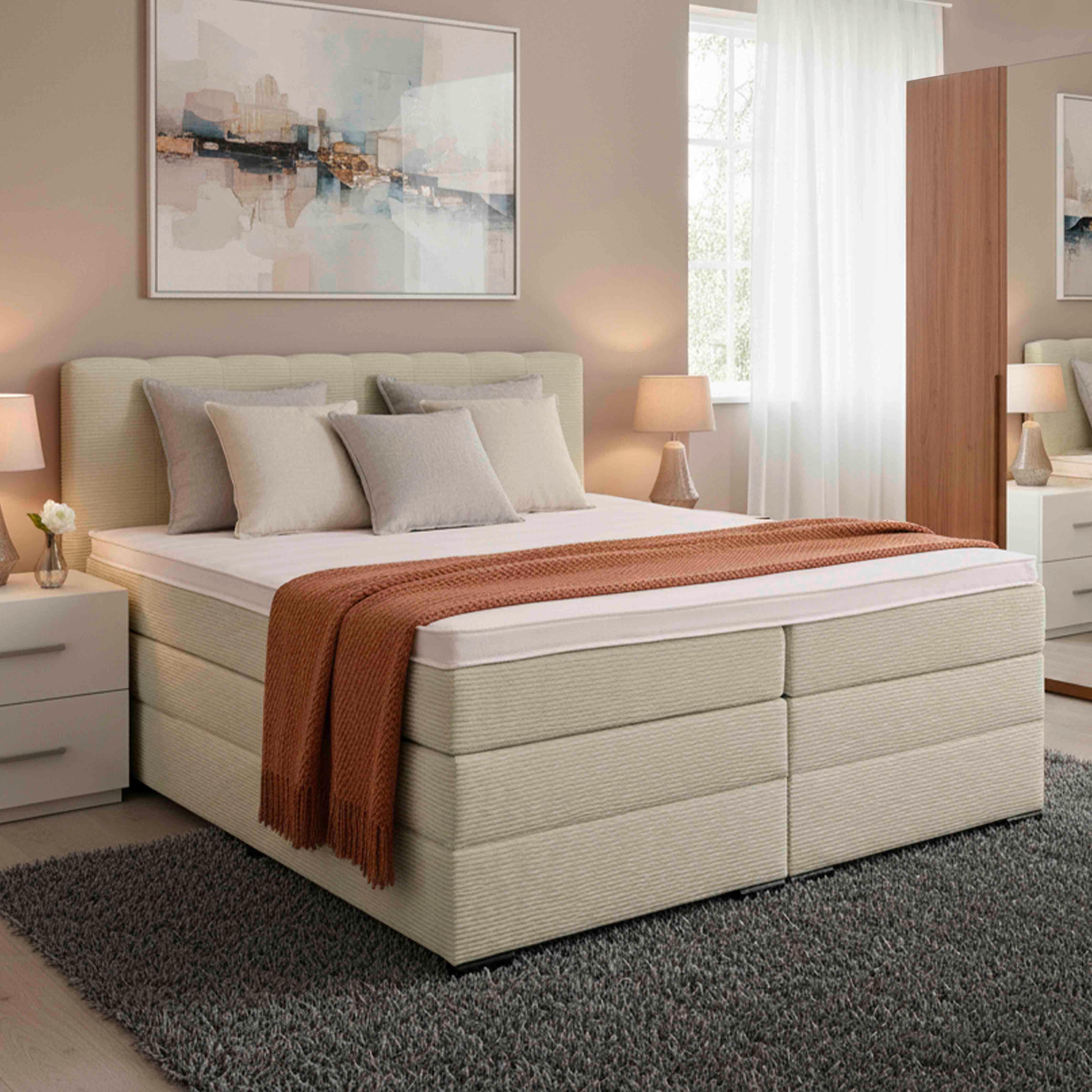 Boxspringbett Malaga ohne Fußteil Beige ca. 160x200cm - Beige/Silberfarben, KONVENTIONELL, Holz/Holzwerkstoff (160/200cm) - Premium Living