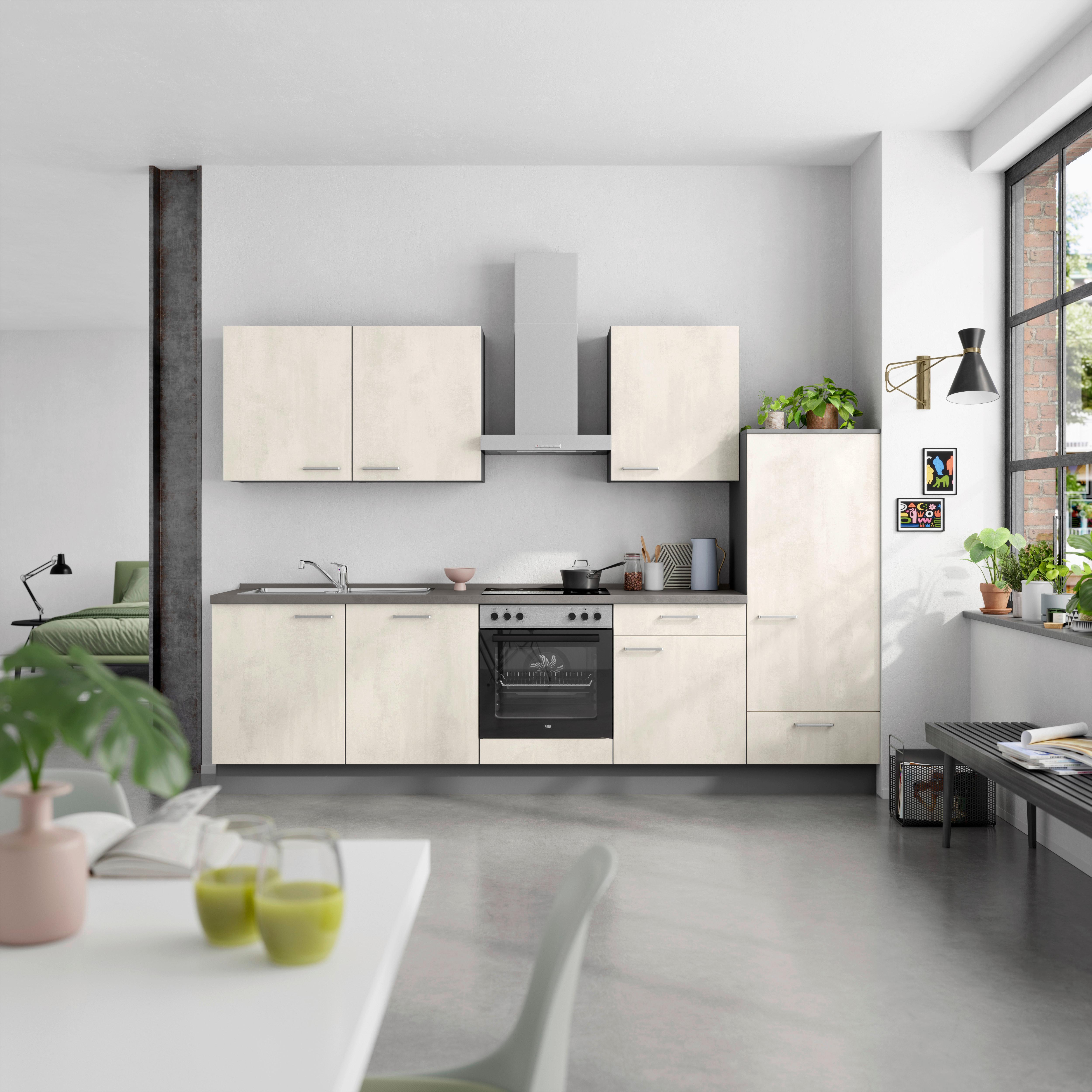 Küchenblock Riva Low m. Geräten Weiß - Schieferfarben/Edelstahlfarben, MODERN, Holzwerkstoff/Metall (300cm) - Nobilia
