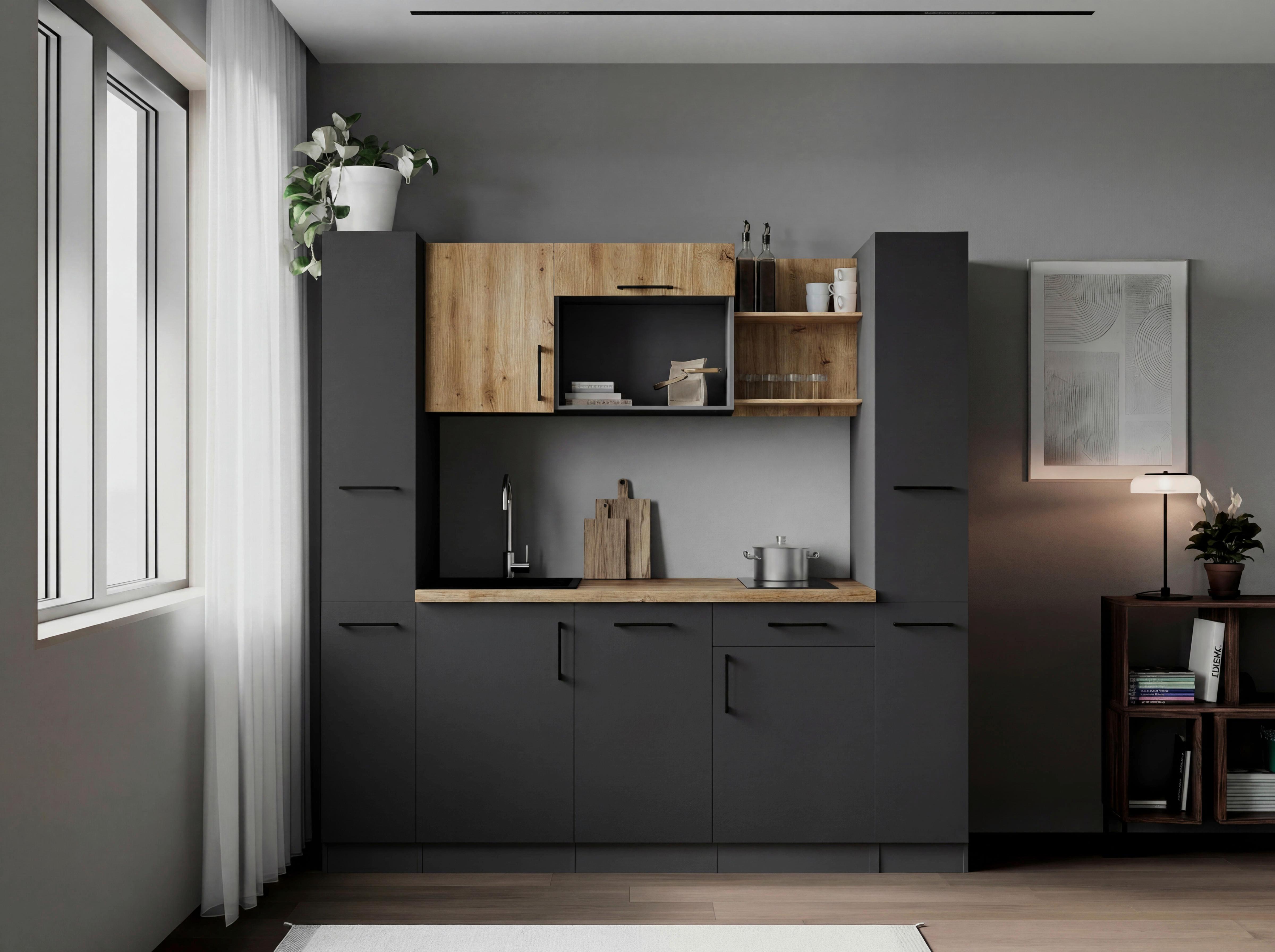 Küchenblock Oliver m. Geräten Grau - Eiche Artisan/Grau, Trend, Holzwerkstoff/Metall (205cm) - Respekta