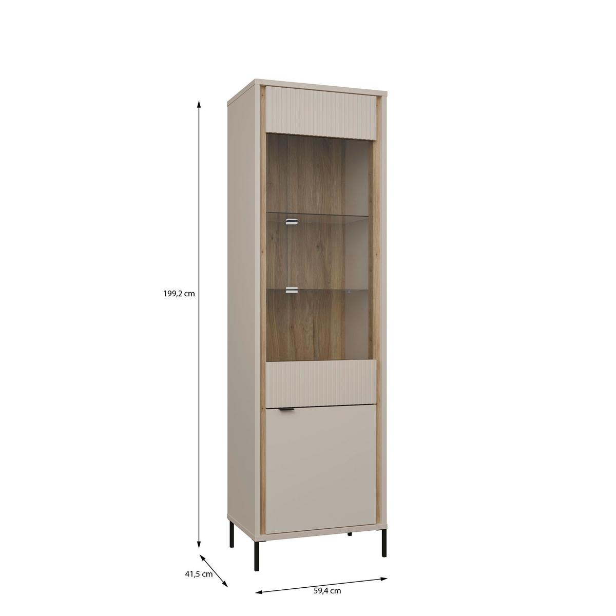 Comodă înaltă SERAVEL - culoare lemn stejar/nisipiu, Natur, sticlă/metal (59,4/199,2/41,5cm) - Modern Living