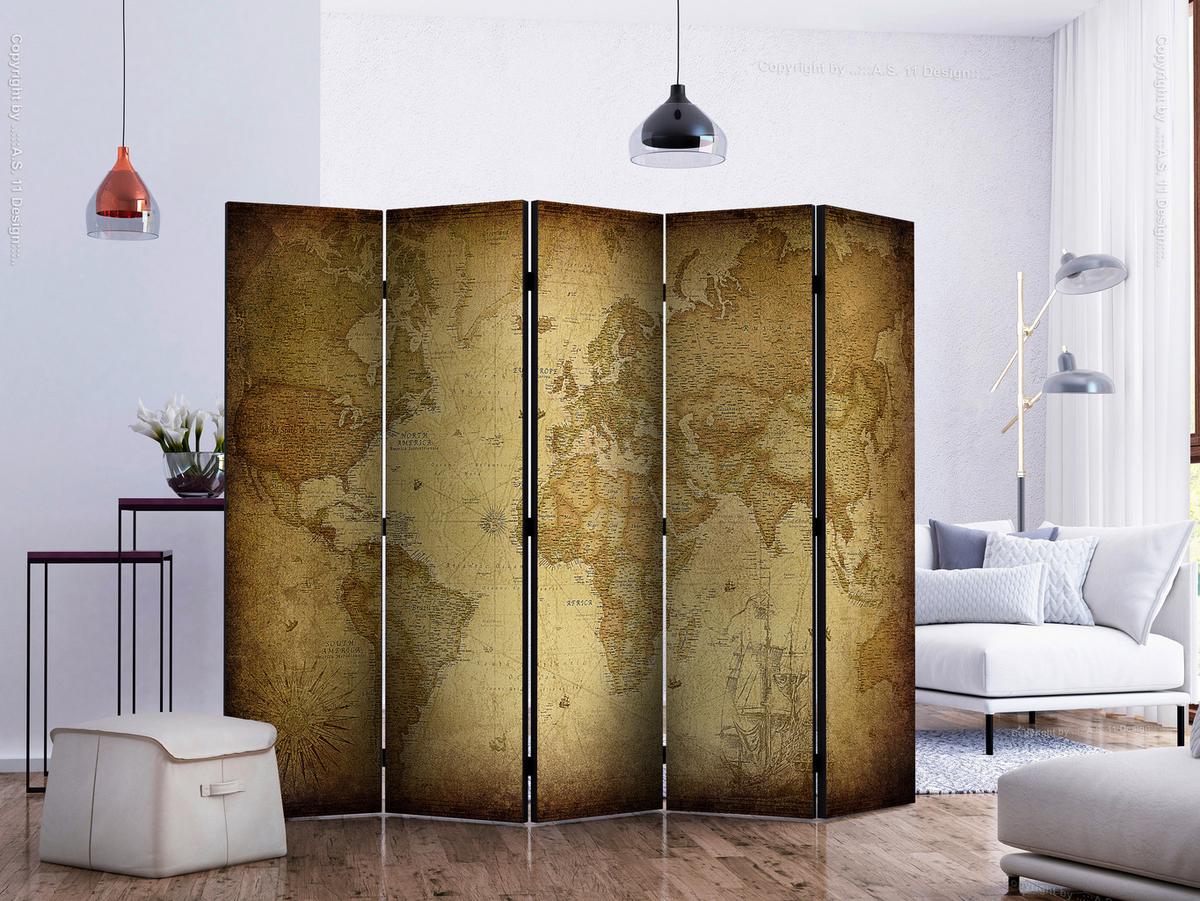 Paravan Old Map I, 5-Delni, Dvostranski - bež/rjava, Basics, tekstil/les (225/172/3cm) - artgeist