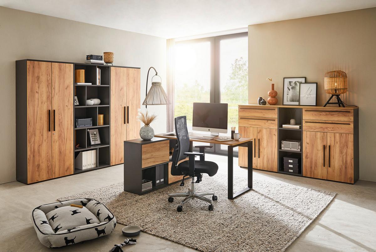 KONTENER NA KÓŁKACH RENTON - kolor dębowy/czarny, Modern, materiał drewnopochodny/tworzywo sztuczne (42/61/49cm) - Novel