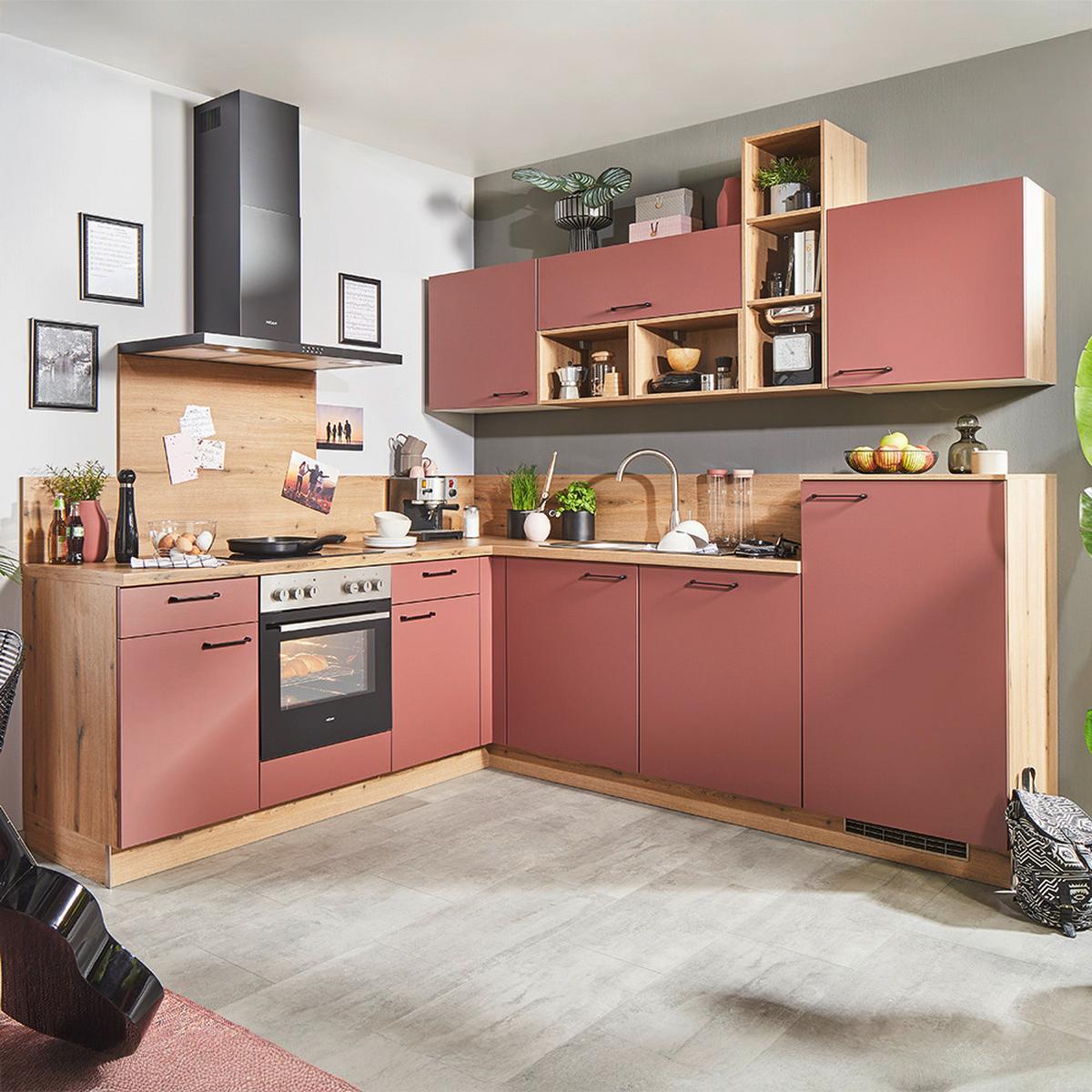 Eckküche Win o. Geräte ca. 245x225cm  Kaminrot - Eichefarben/Rot, MODERN, Holzwerkstoff/Metall (245/225cm) - Express-Kuechen