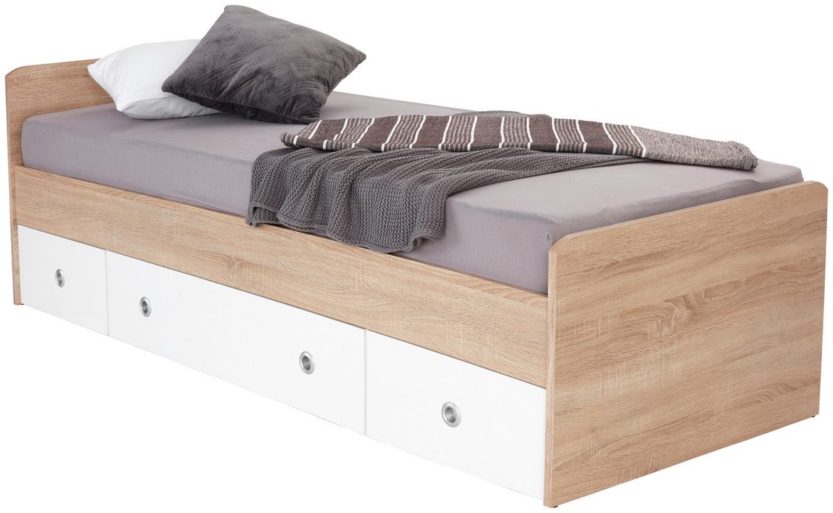 Stauraumbett Wiki ca. 204x95 cm Weiß/Eiche - Weiß/Sonoma Eiche, KONVENTIONELL, Holzwerkstoff (90/200cm) - MID.YOU