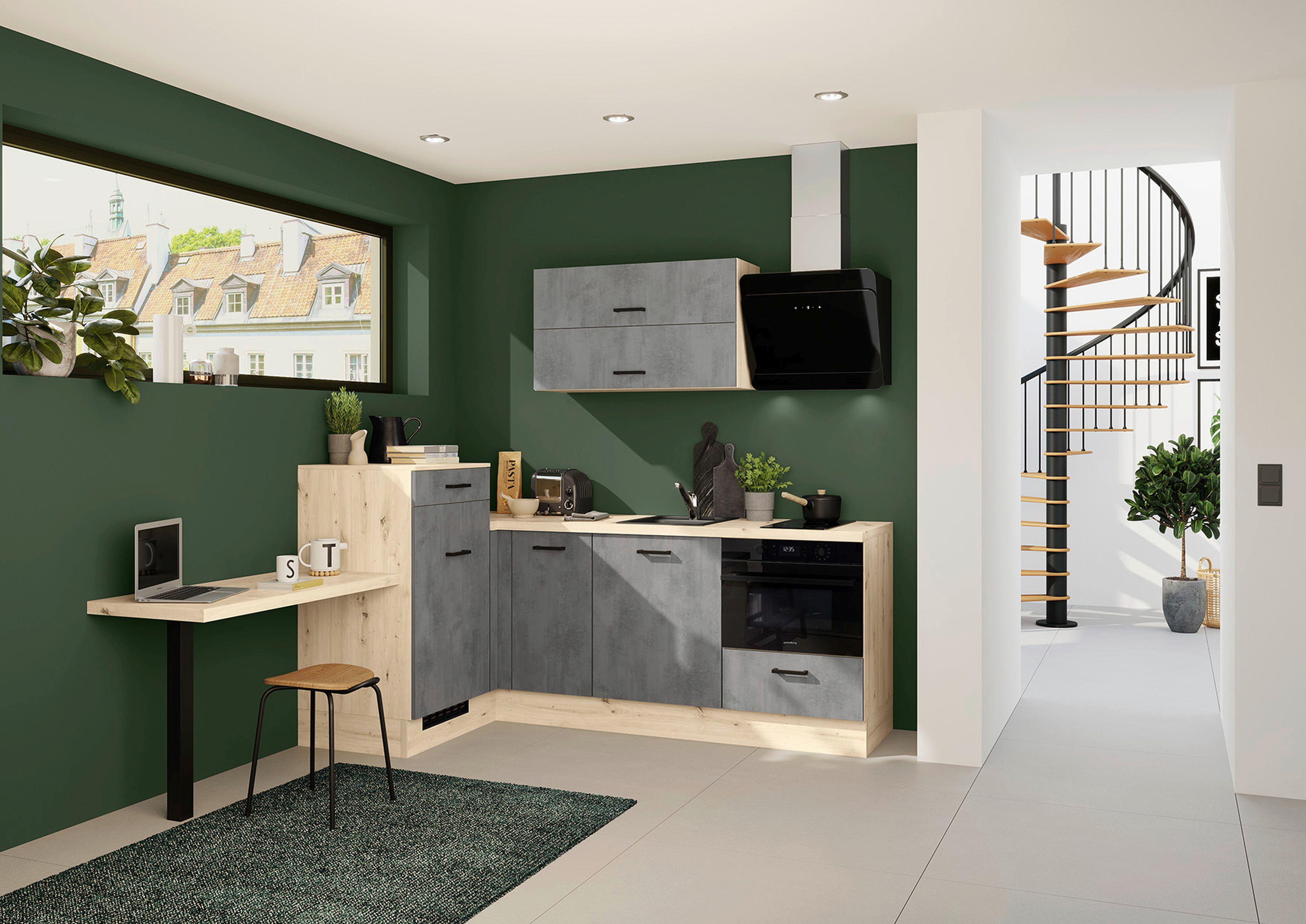 Eckküche IKZ mit Geräten ca. 241x225 cm Grau - Eichefarben/Schwarz, Design, Holzwerkstoff/Metall (241/225cm) - Impuls