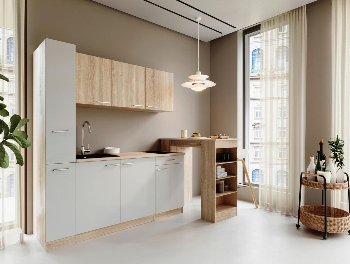 Küchenblock Ingrid m. Gerät Weiß - Eichefarben/Alufarben, Design, Holzwerkstoff/Kunststoff (180cm) - Respekta