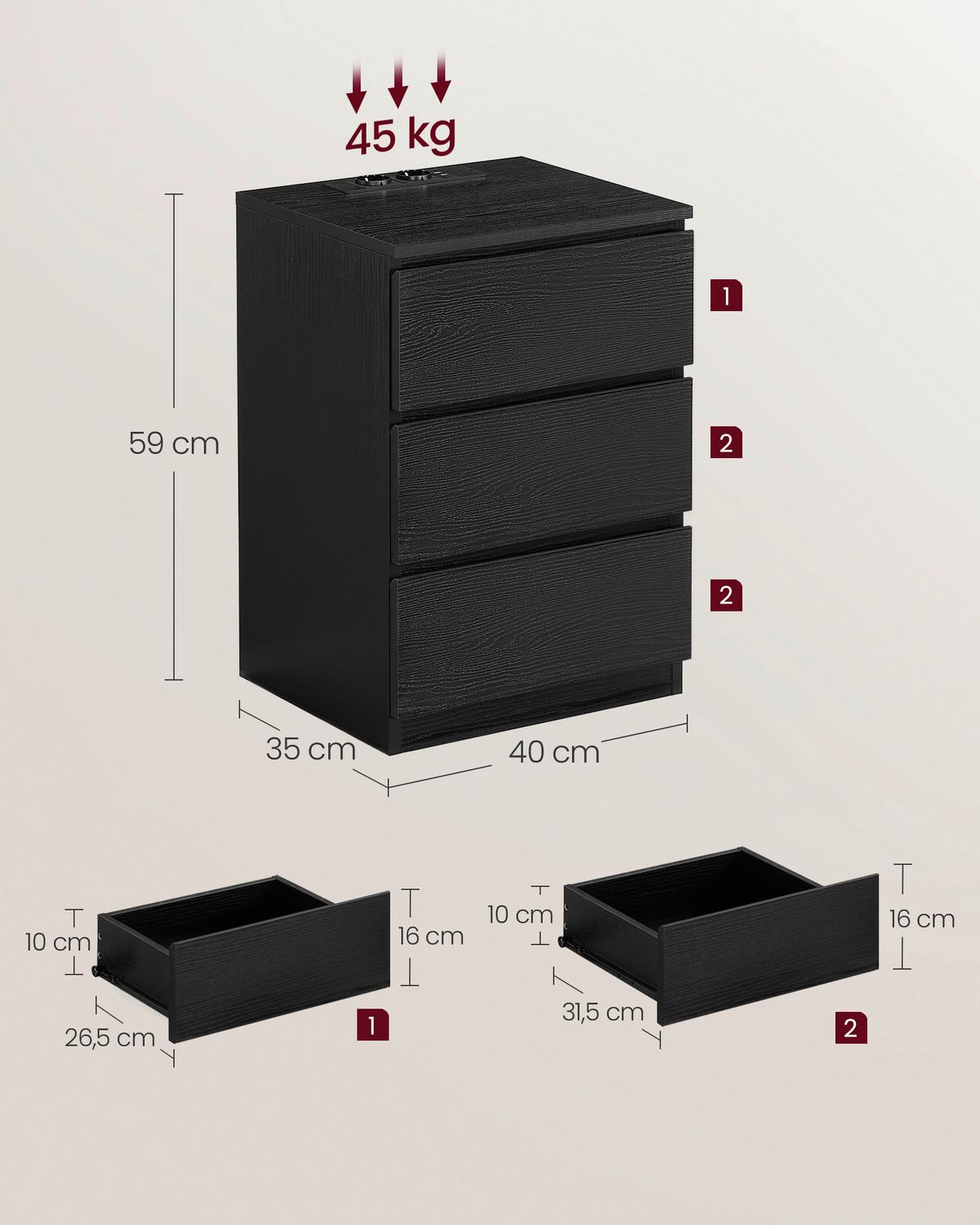Nachtkästchen-Set Schwarz 2er-Set mit USB-Anschluss - Schwarz, MODERN, Holzwerkstoff (40/59/35cm) - MID.YOU