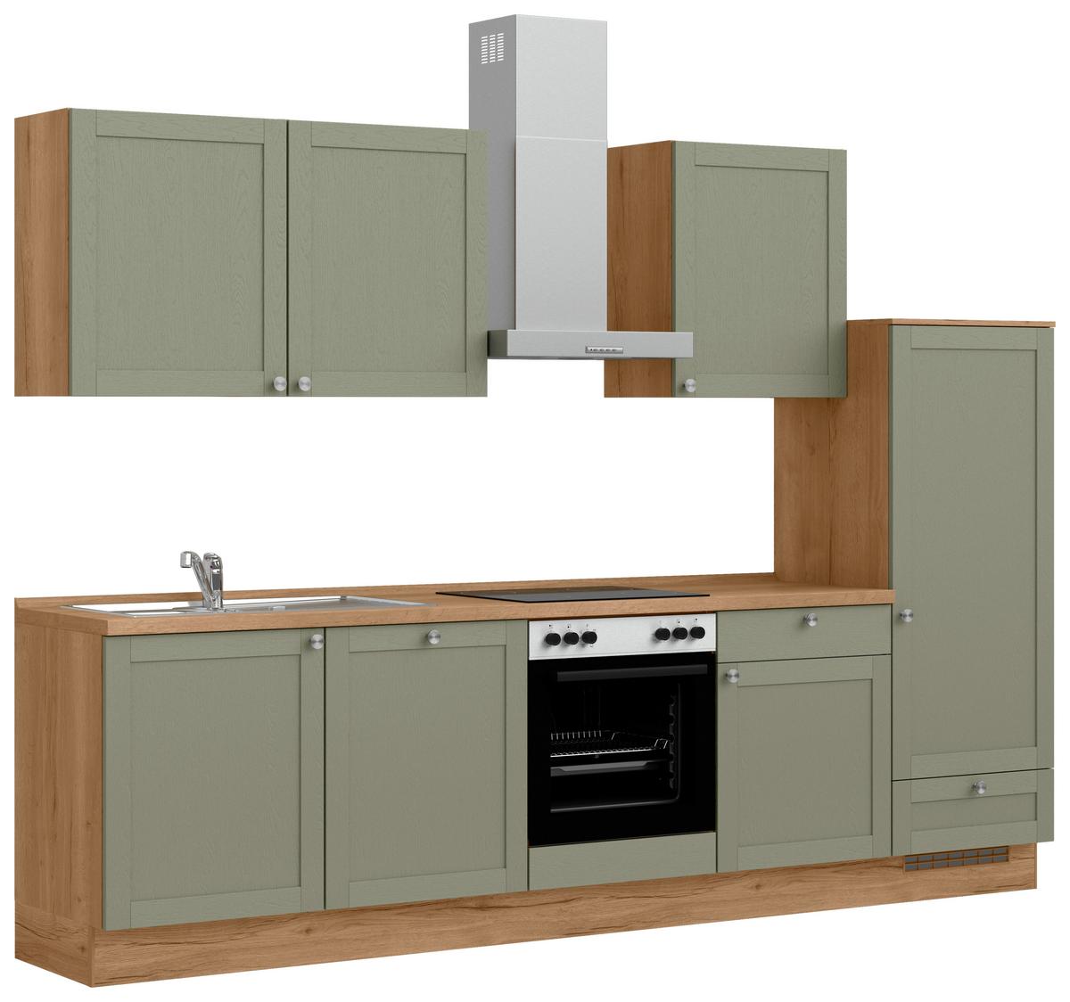 Küchenleerblock Frame Low o. Geräte Olivgrün - Edelstahlfarben/Eichefarben, MODERN, Holzwerkstoff/Metall (300cm) - Nobilia